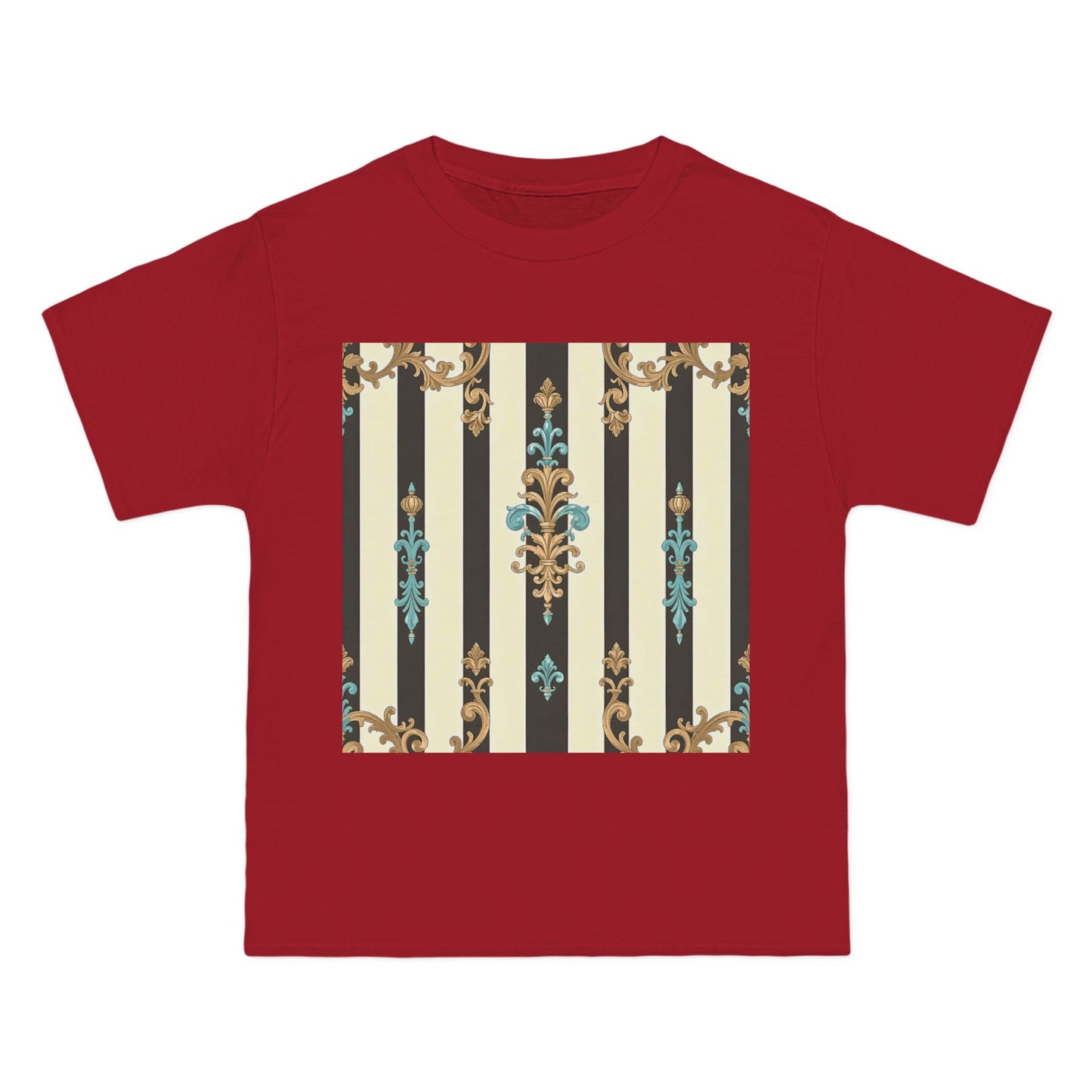 Elegant Floral Pattern Tee, Vintage Style T-Shirt, Gift for Her, Casual Outfit - Black Striped Turquoise & Black Rococo
