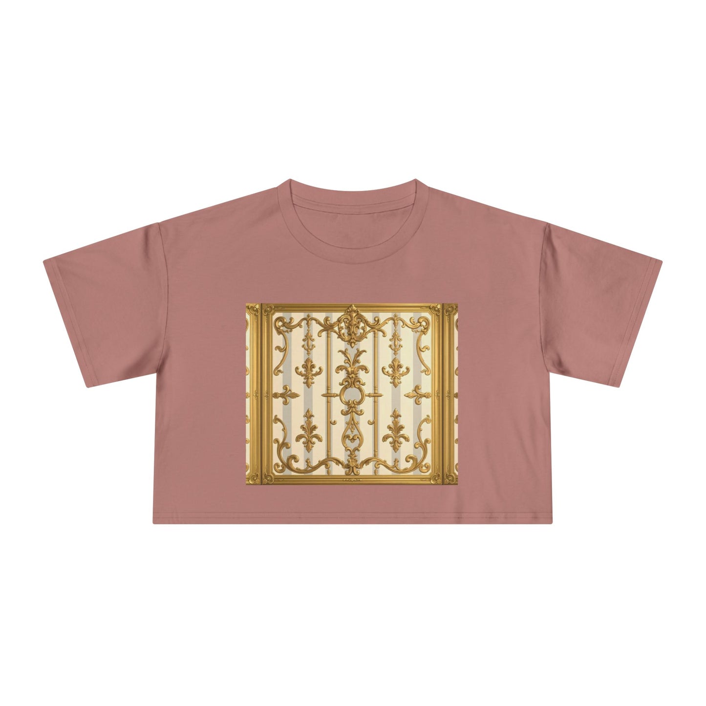 Elegant Vintage Women's Crop Tee, Stylish Oversized Top, Casual Summer Shirt, Trendy Women's Apparel - Matte Gray & Cream Striped Gold Baroque