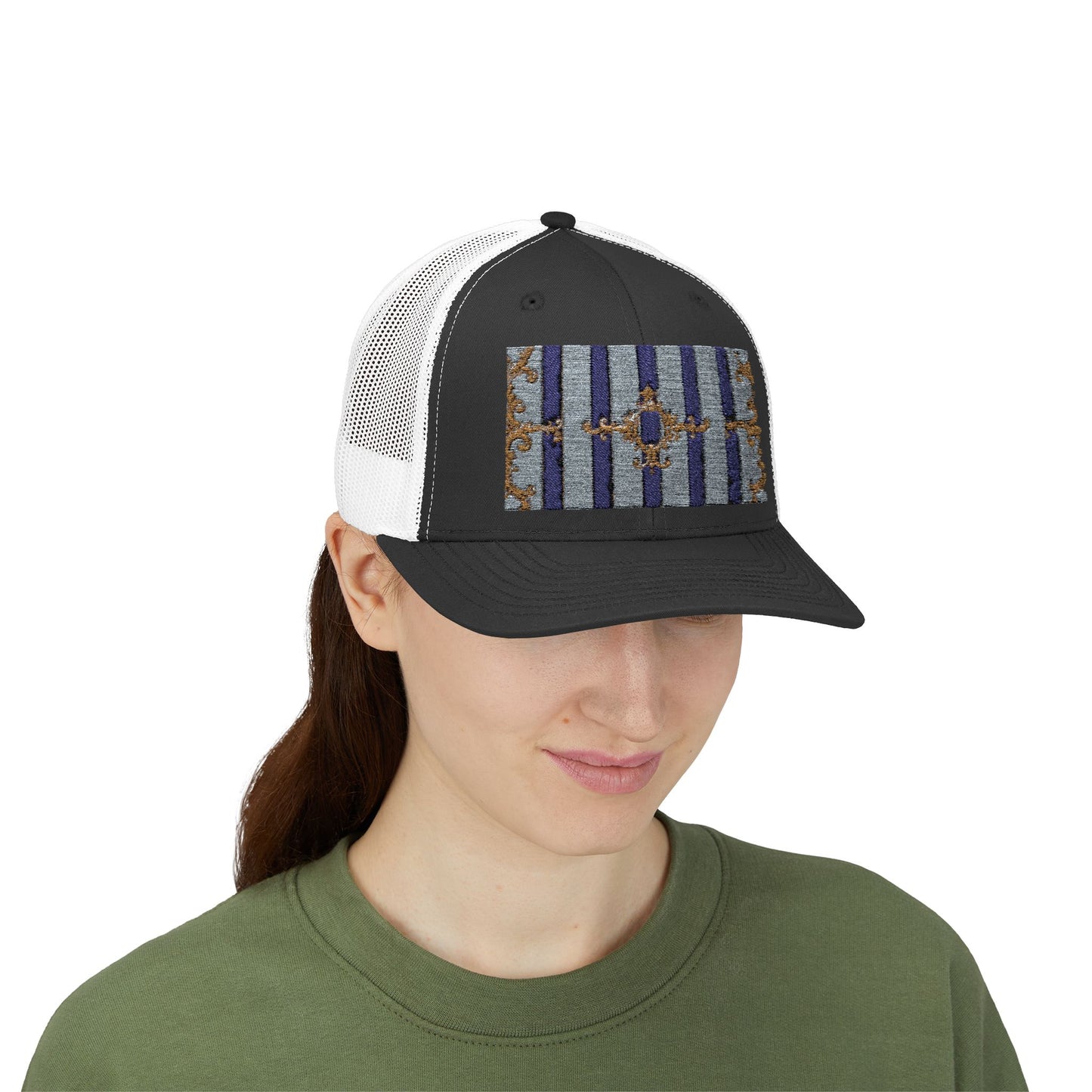Stylish Snapback Trucker Cap with Vibrant Pattern, Trendy Hat for Outdoor Adventures, Casual Wear - Striped Gold Baroque