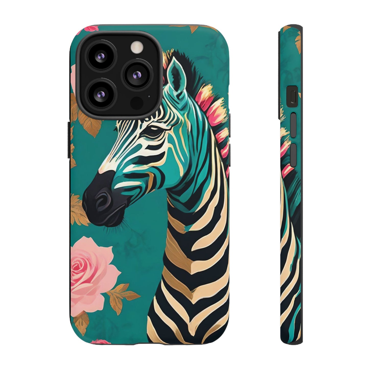 Phone Case - Elegant Teal & Gold Zebra & Roses Design