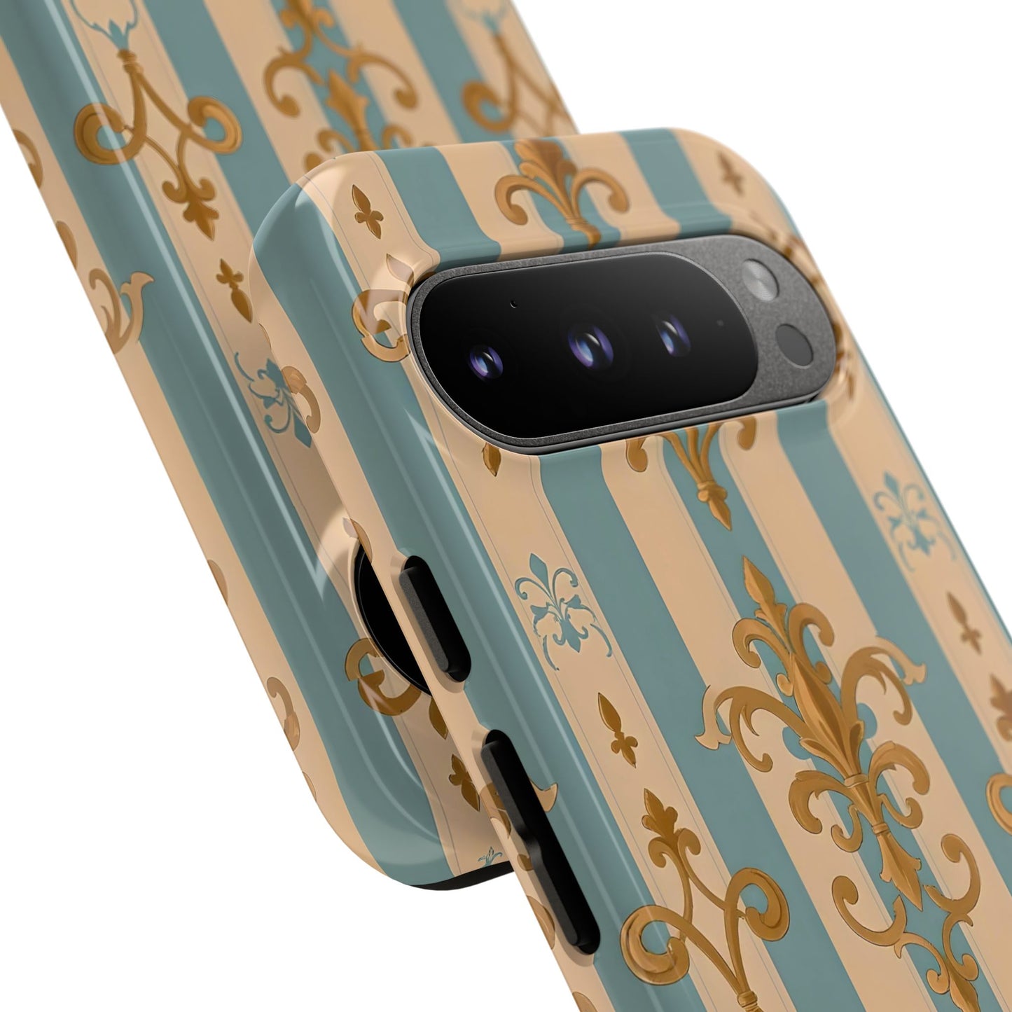 Elegant Floral Motif Phone Case - Tough Cases with Vintage Design -  Beige & Sky Blue Striped Gold Damask