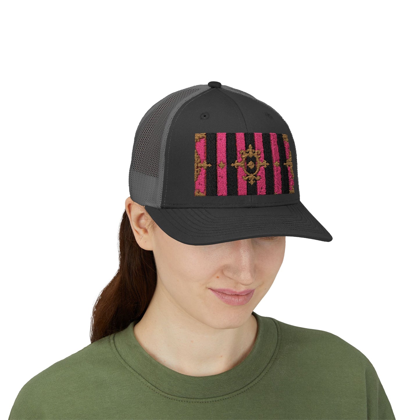Stylish Snapback Trucker Cap with Black & Mauve Striped Gold Baroque, Trendy Fashion Hat, Perfect Gift for Him/Her