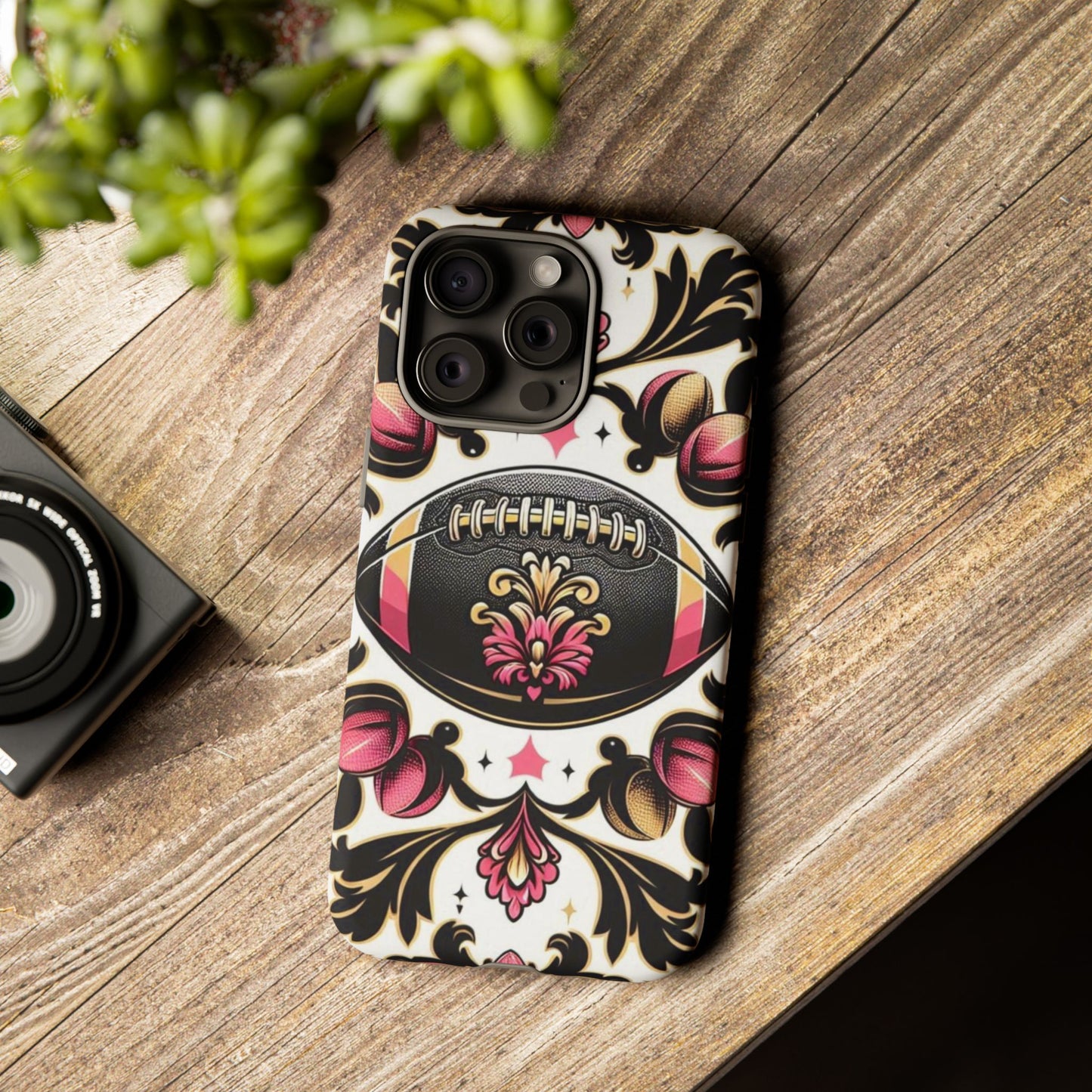 Elegant Floral Motif Phone Case - Tough Cases with Vintage Design - Damask White, Pink Gold & Black Football