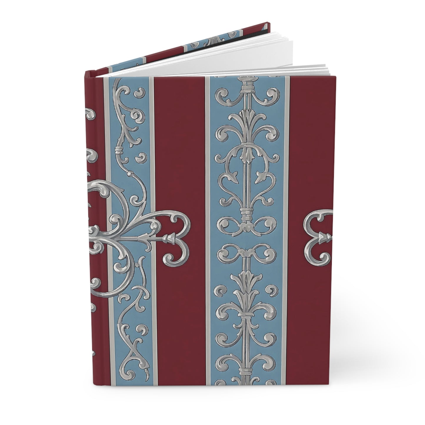 Elegant Hardcover Journal - Classic Design for Writing & Reflection - Ice Blue & Burgundy Striped Baroque