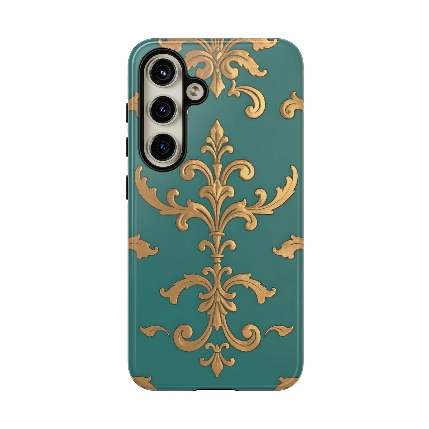 Elegant Floral Motif Phone Case - Tough Cases with Vintage Design - Aqua & Gold Damask