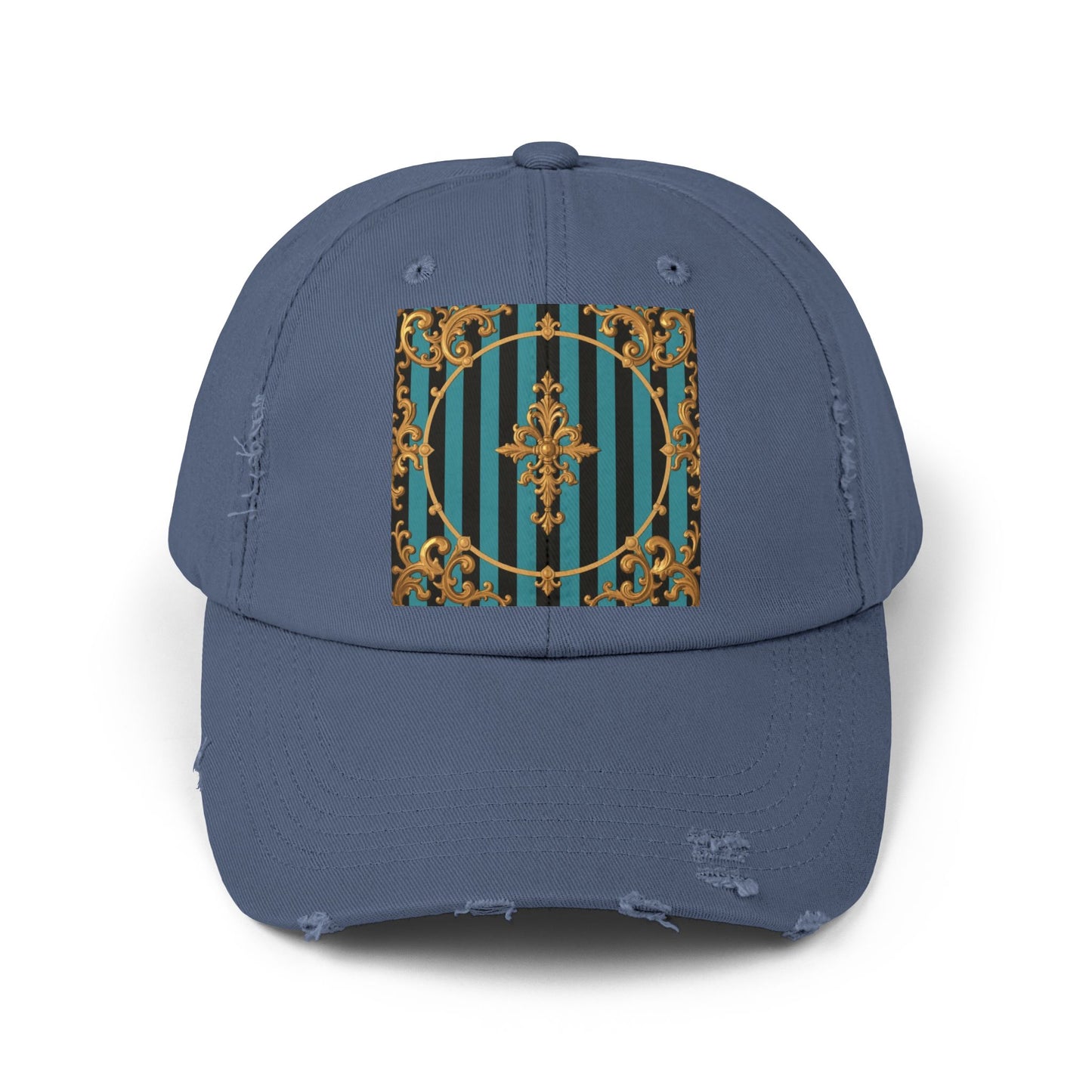 Turquoise & Black Striped Gold Baroque Distressed Cap with Elegant Design, Fashion Accessory for Everyday Wear, Perfect for Festivals, Gifts