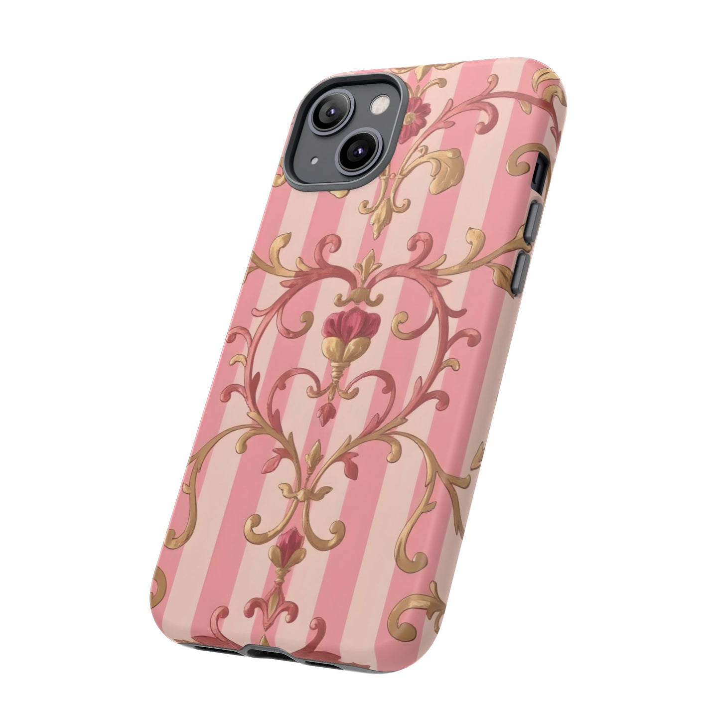 Elegant Floral Motif Phone Case - Tough Cases with Vintage Design - Pink Striped Rose Gold Damask