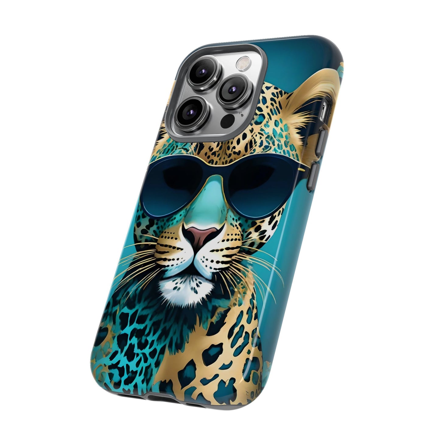 Phone Case - Aqua & Gold Leopard In Sunglasses Design