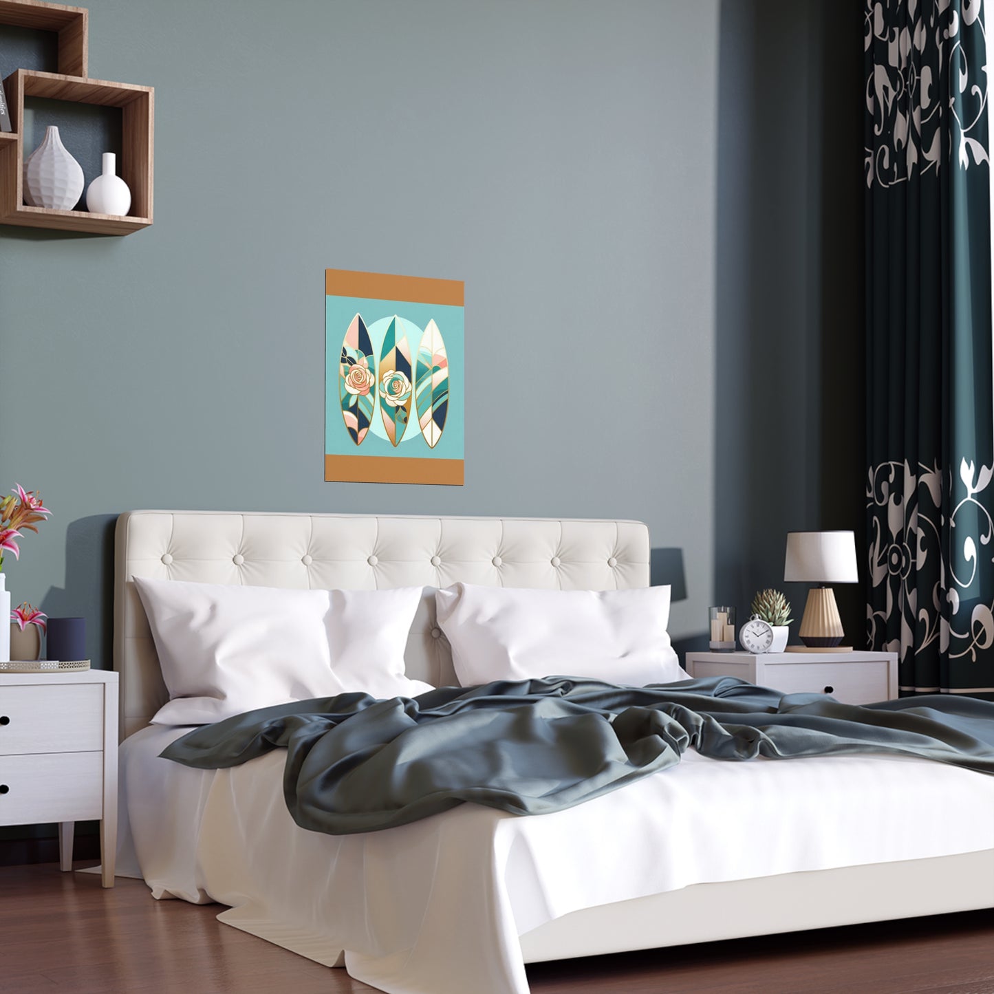 Elegant Floral Silk Poster - Indoor/Outdoor Wall Art for Home Decor - Blue, Pink & Aqua Surfboard & Roses