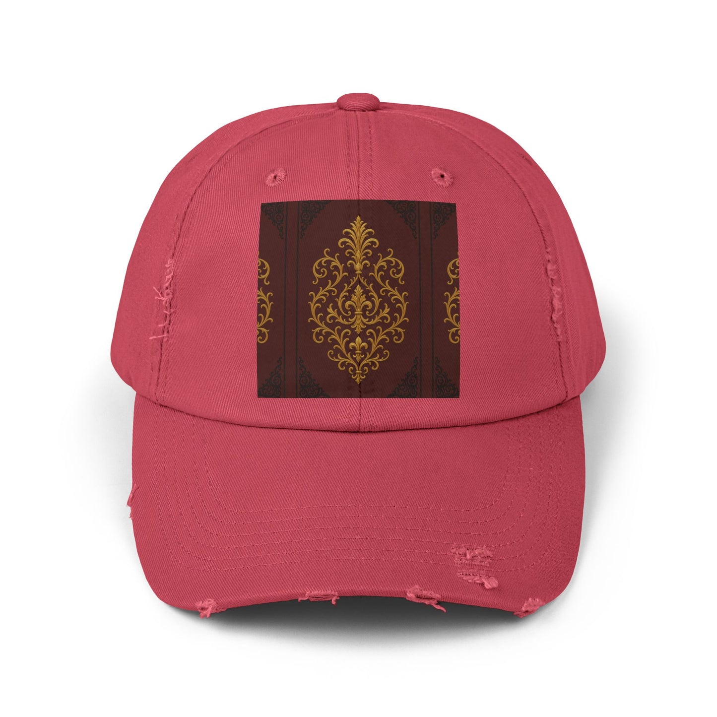 Dusk Burgundy-Black & Gold Baroque Distressed Black Cap with Vintage Gold Baroque Panel – Elegant Retro Baseball Hat