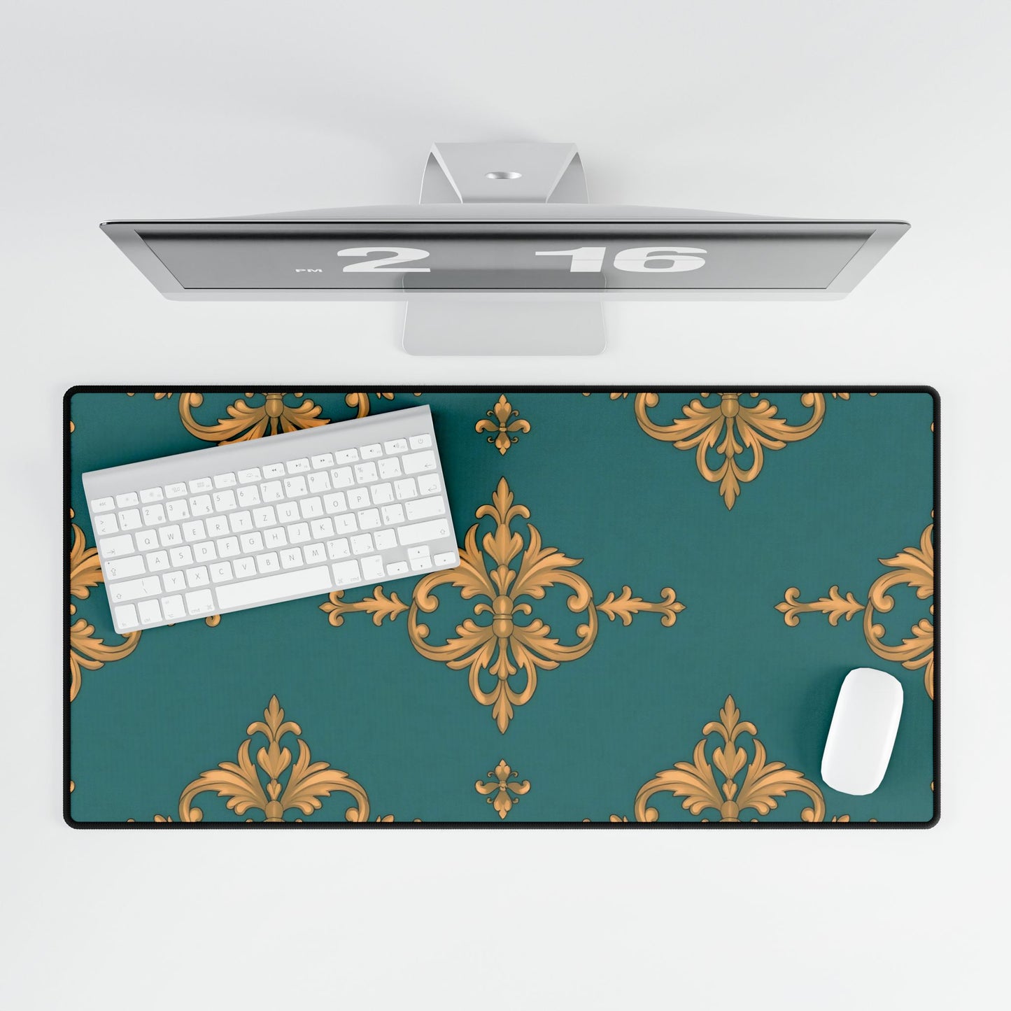 Elegant Floral Desk Mat for Home Office Decor - Teal & Gold Damask