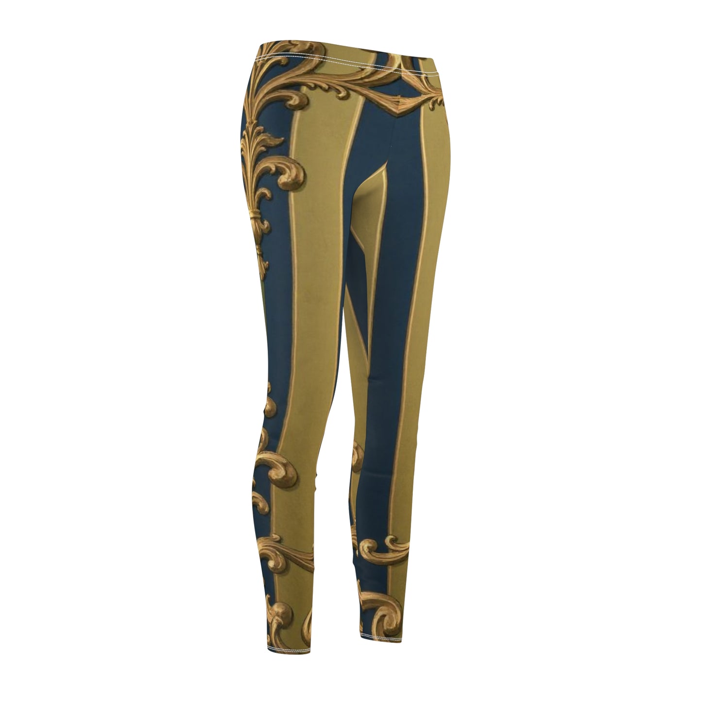 Elegant Midnight Blue & Olive Striped Gold Baroque Vintage Pattern Leggings, Chic Activewear, Stylish Fitness Pants, Art-Inspired Leisurewear