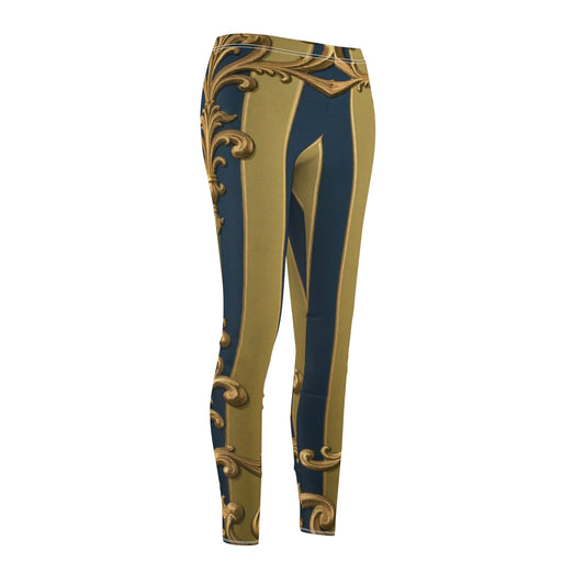 Elegant Midnight Blue & Olive Striped Gold Baroque Vintage Pattern Leggings, Chic Activewear, Stylish Fitness Pants, Art-Inspired Leisurewear