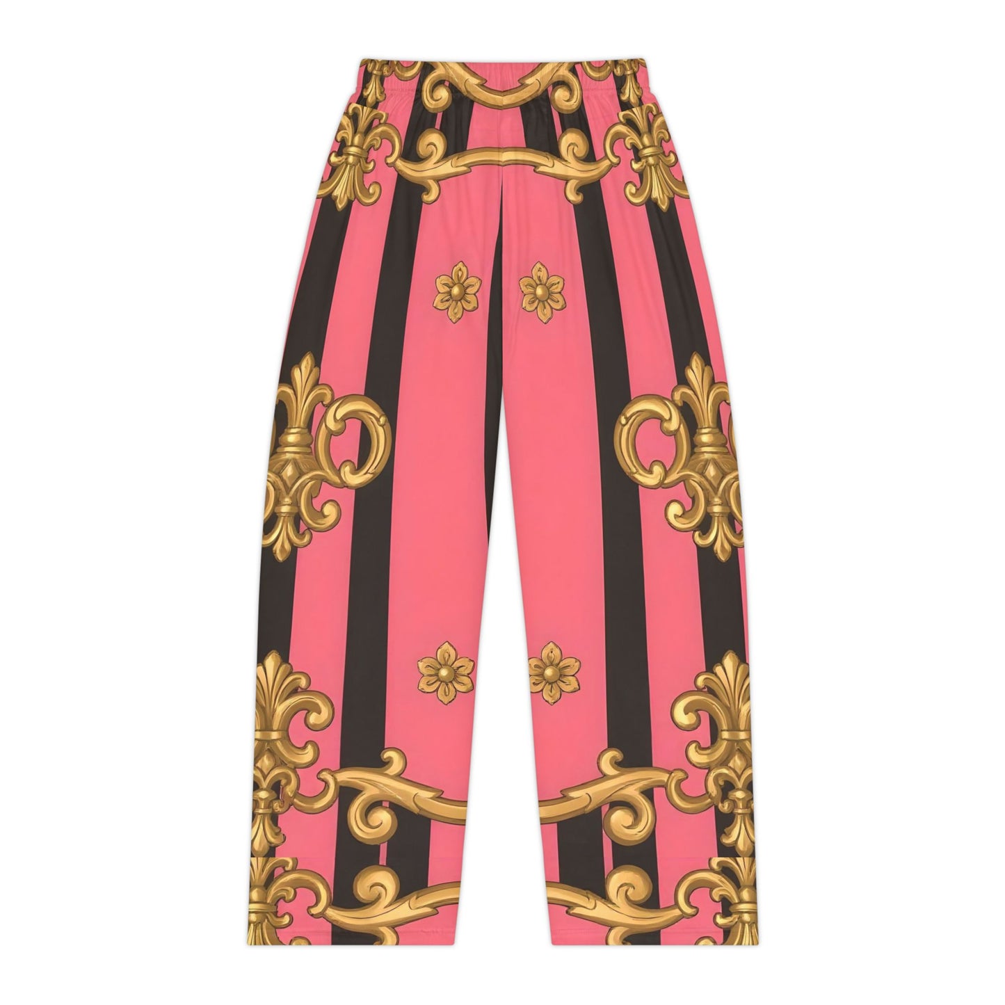 Chic Women's Pajama Pants with Elegant Gold Floral Design, Lounge Pants, Sleepwear, Gift for Her - Pink & Black Striped Gold Baroque