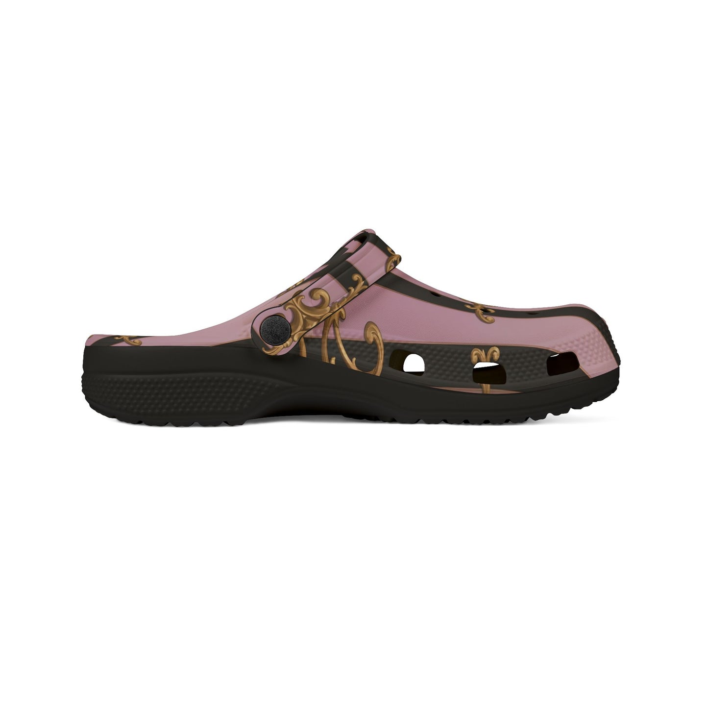 Chic Patterned EVA Foam Clogs, Stylish Garden Shoes, Fun Slip-On Footwear, Trendy Indoor - Matte Lavender & Black Striped Gold Baroque