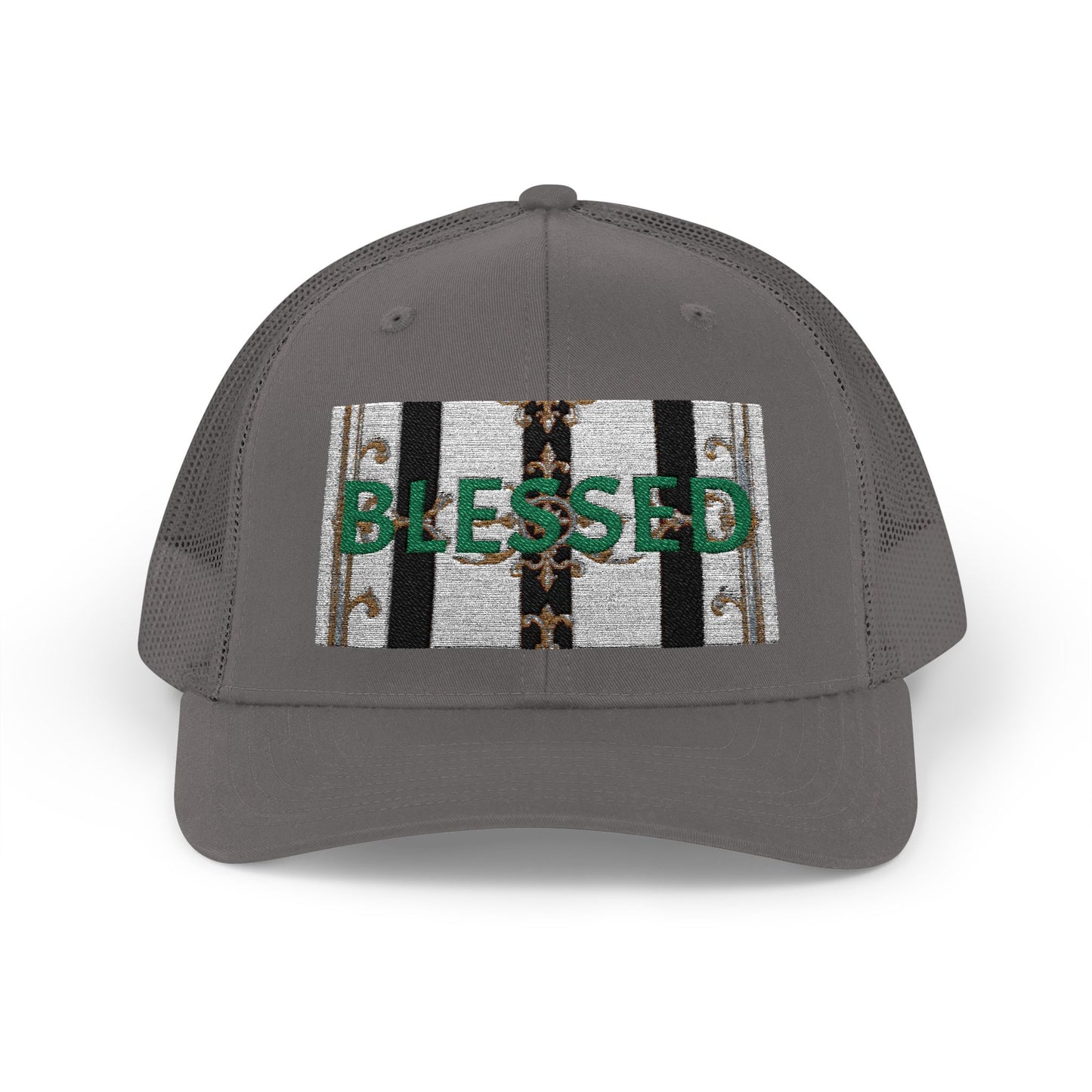 Blessed Snapback Trucker Cap | Casual Style, Outdoor Gear, Faith-Based Gift, Adjustable Hat, Everyday Fashion - Black & White Striped Gold Baroque