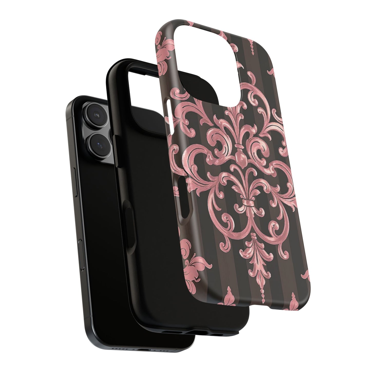 Elegant Floral Motif Phone Case - Tough Cases with Vintage Design - Brown Striped Mauve Damask