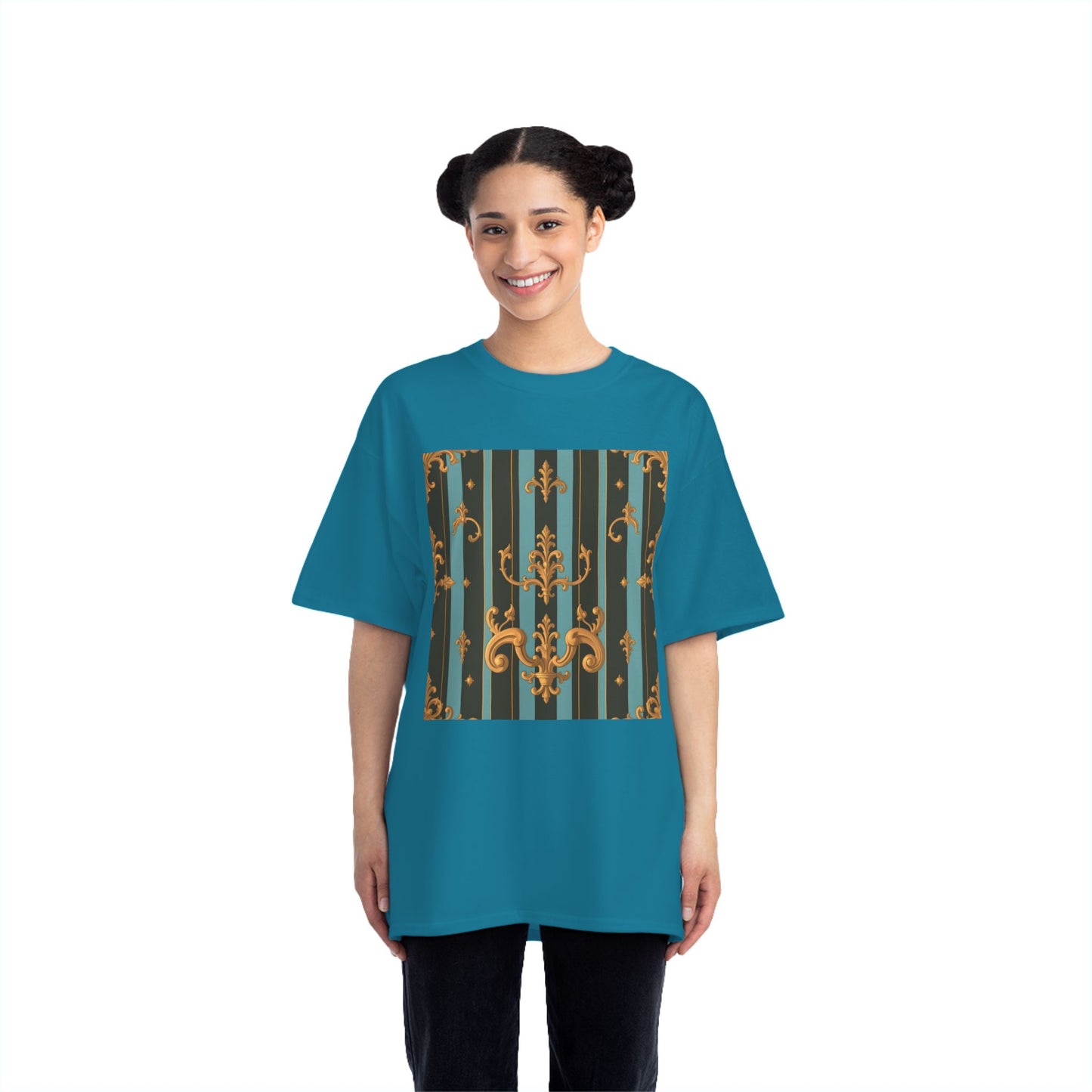 Elegant Vintage Pattern T-Shirt, Stylish Tee for Everyday Wear, Retro Design Shirt, Perfect Gift for Art Lovers - Black & Turquoise Striped Baroque