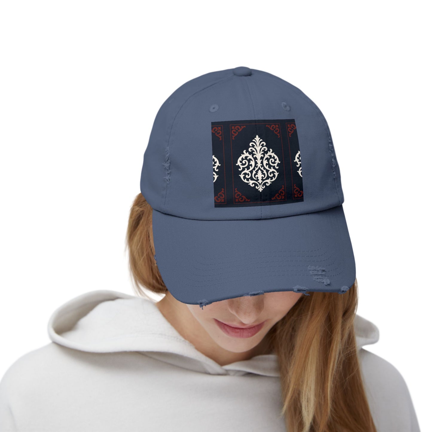 Dusk Blue & Maroon-White Baroque Distressed Cap with Ornamental Medallion Patch