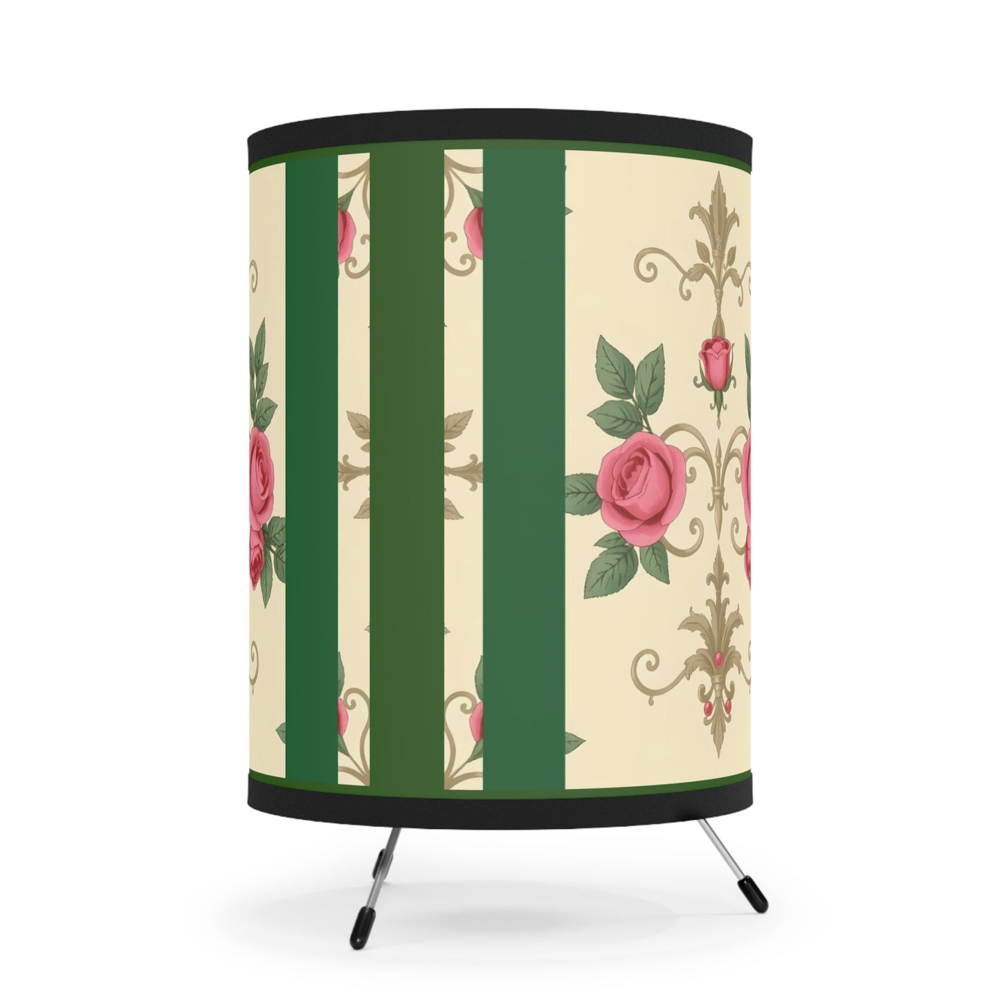 Elegant Tripod Lamp with Vintage Floral Print Shade - High-Res Home Accent - Green Border Roses & Damask
