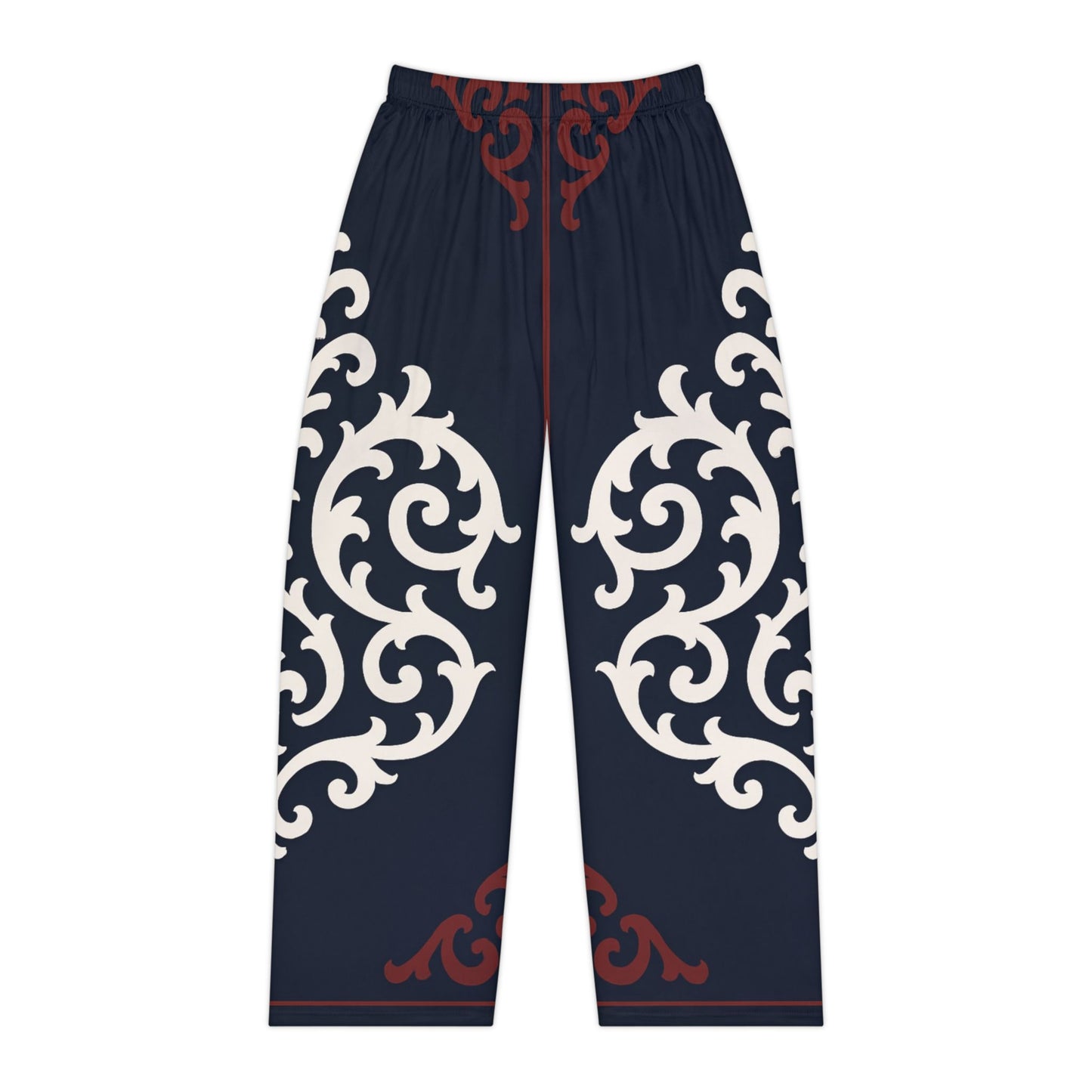 Dusk Blue & Maroon-White Baroque Women's Pajama Pants — Elegant Baroque Lounge Trousers
