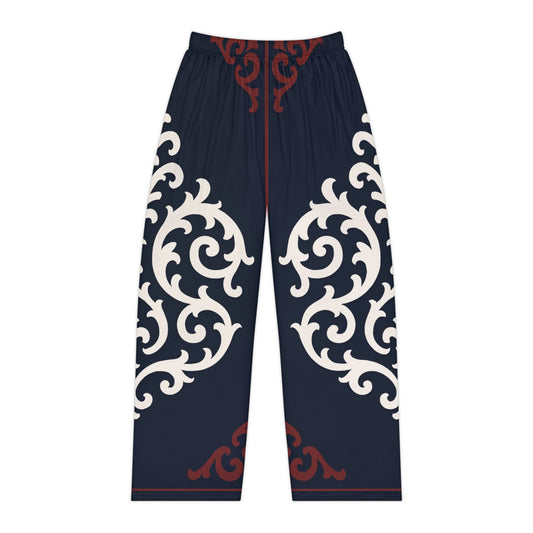 Dusk Blue & Maroon-White Baroque Women's Pajama Pants — Elegant Baroque Lounge Trousers