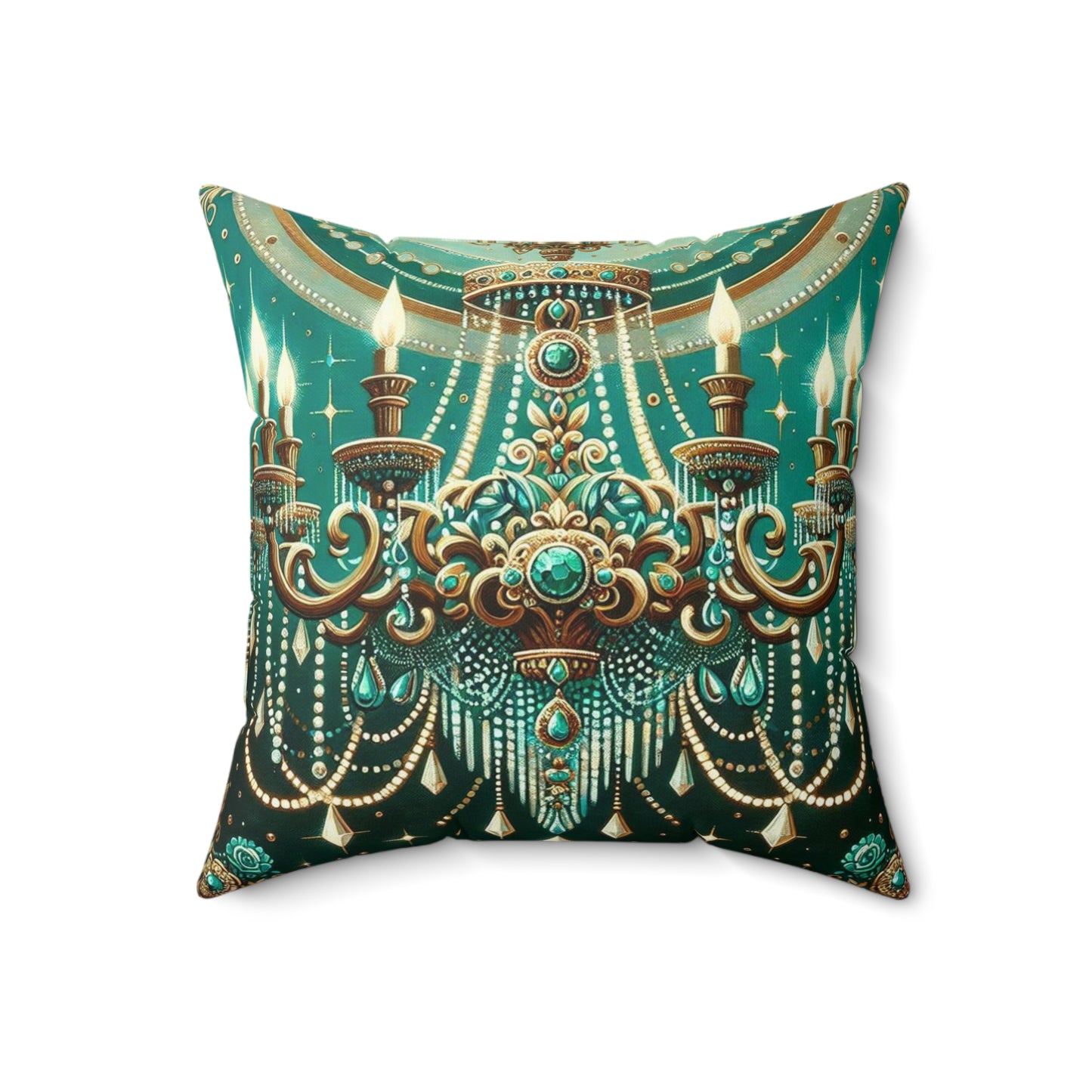 Chandelier Elegance Pillow | Decorative Throw Cushion, Bohemian Home Decor, Luxury Accent Pillow - Green & Gold Jeweled Chandelier