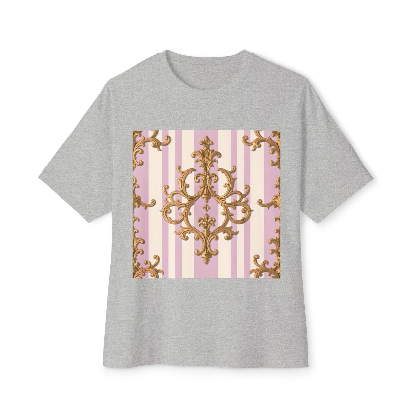 Chic Oversized Boxy Tee for Stylish Comfort, Casual Wear, Graphic Tee, Trendy Fashion, Gifts for Her - Lilac & Alabaster Striped Gold Baroque