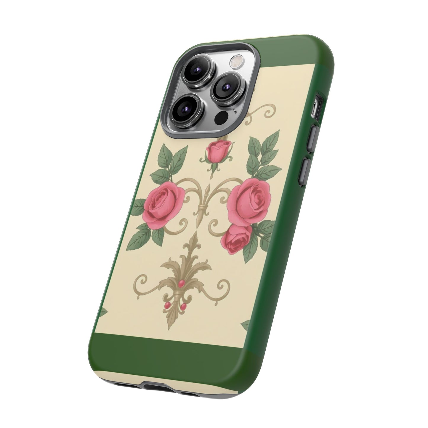 Elegant Floral Motif Phone Case - Tough Cases with Vintage Design - Green Border Roses & Damask