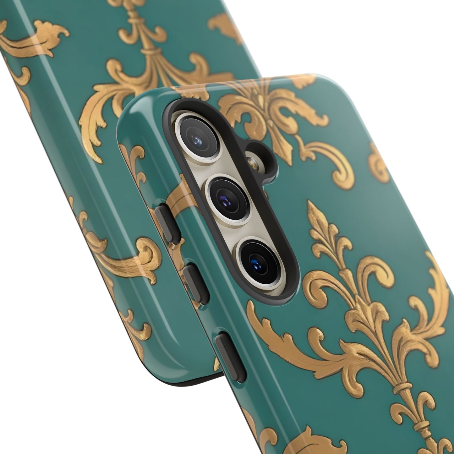 Elegant Floral Motif Phone Case - Tough Cases with Vintage Design - Aqua & Gold Damask