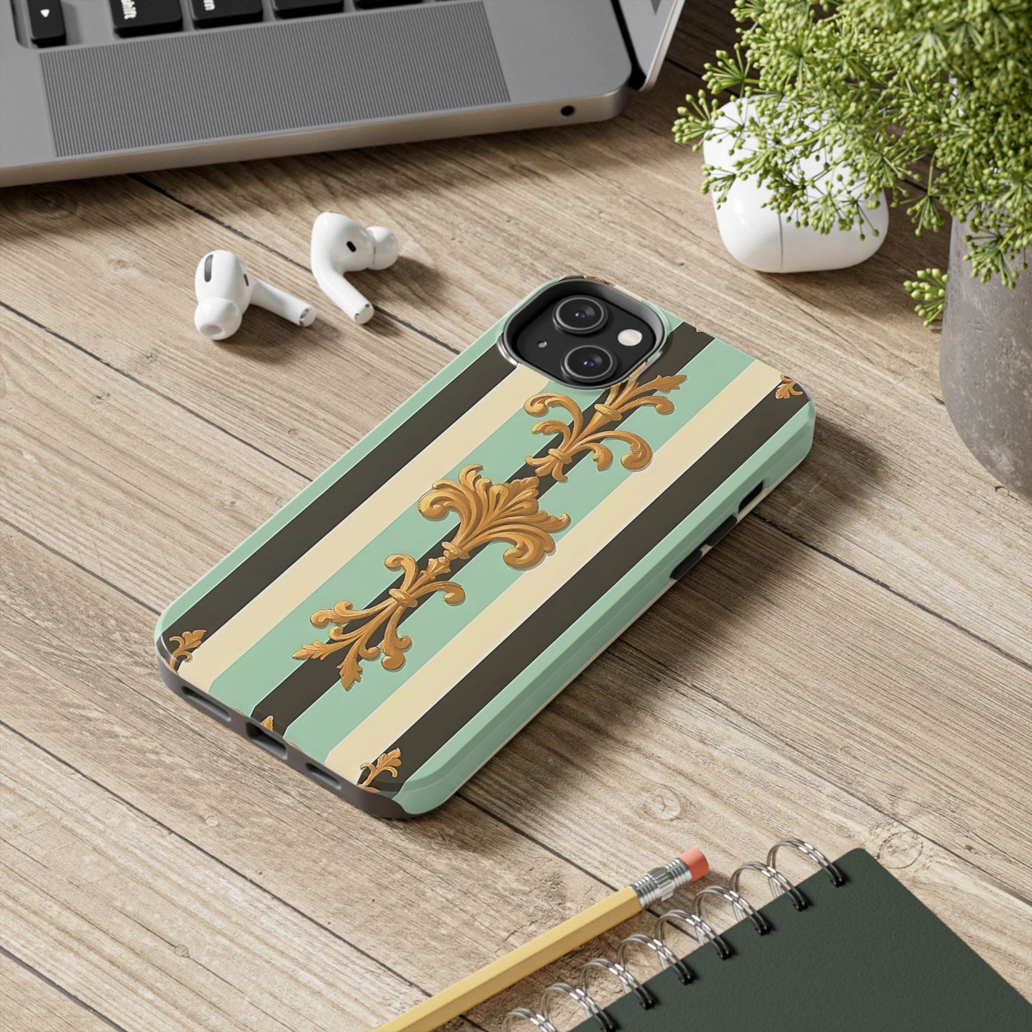 Elegant Floral Tough Phone Cases - Stylish Protection for All Occasions, Gifts for Her, Phone Covers - Black & Matte Mint Striped Rococo