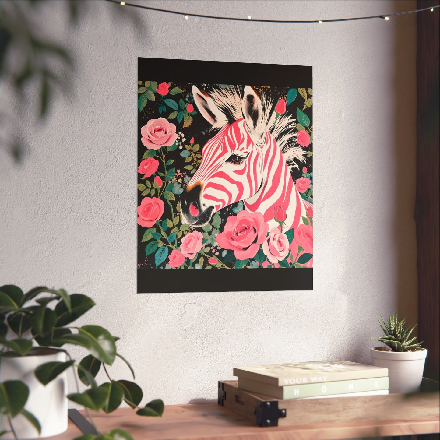 Floral Art Poster - Elegant Matte Vertical Wall Decor - Pink & White Zebra