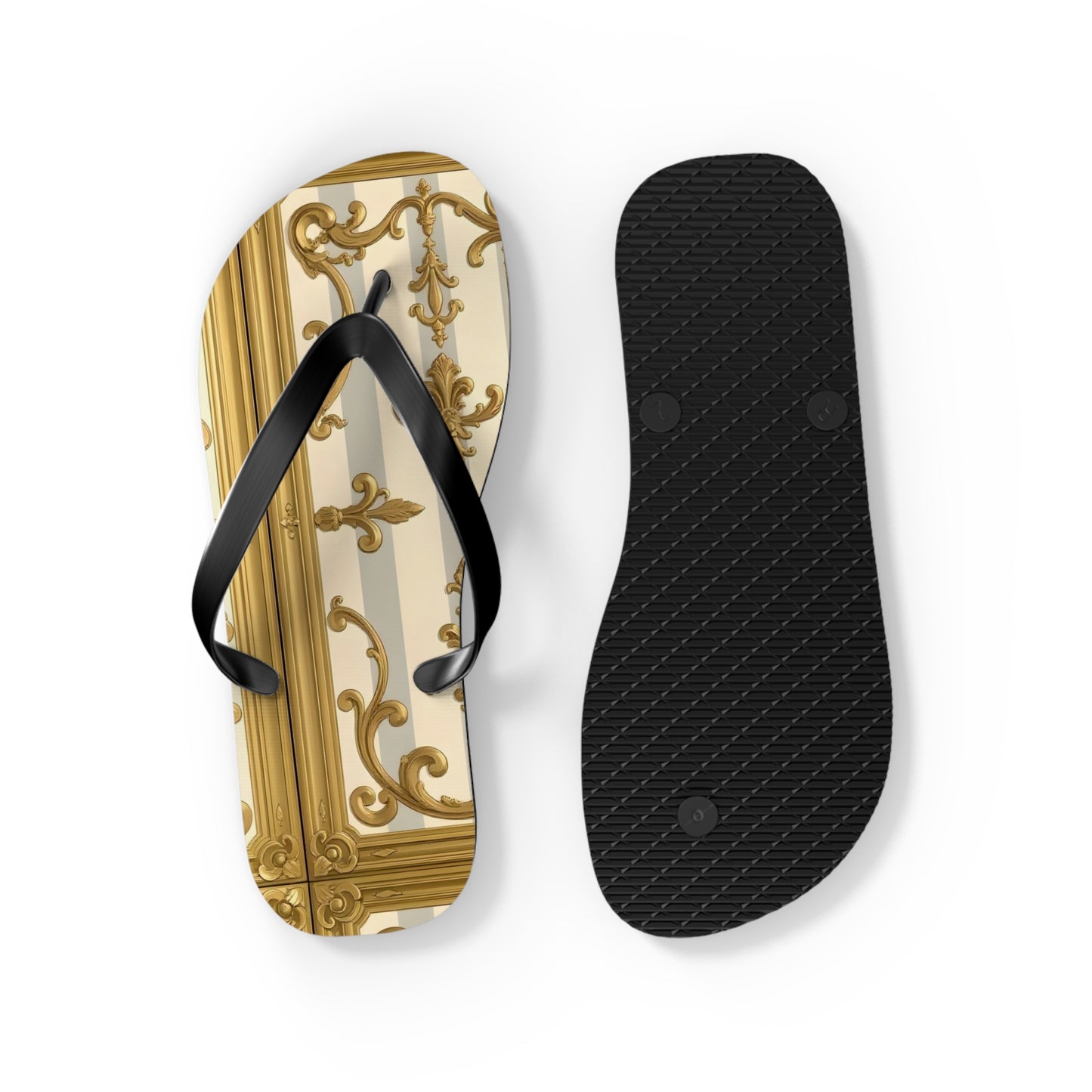 Chic Decorative Flip Flops for Beach, Summer Vibes, Vacation Footwear, Luxury Poolside Slippers - Matte Gray & Cream Striped Gold Baroque
