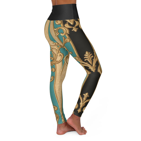 Elegant Black, Tan & Ocean Green Striped Gold Baroque High Waisted Yoga Leggings - Stylish Activewear, Fitness Fashion, Workout Gear