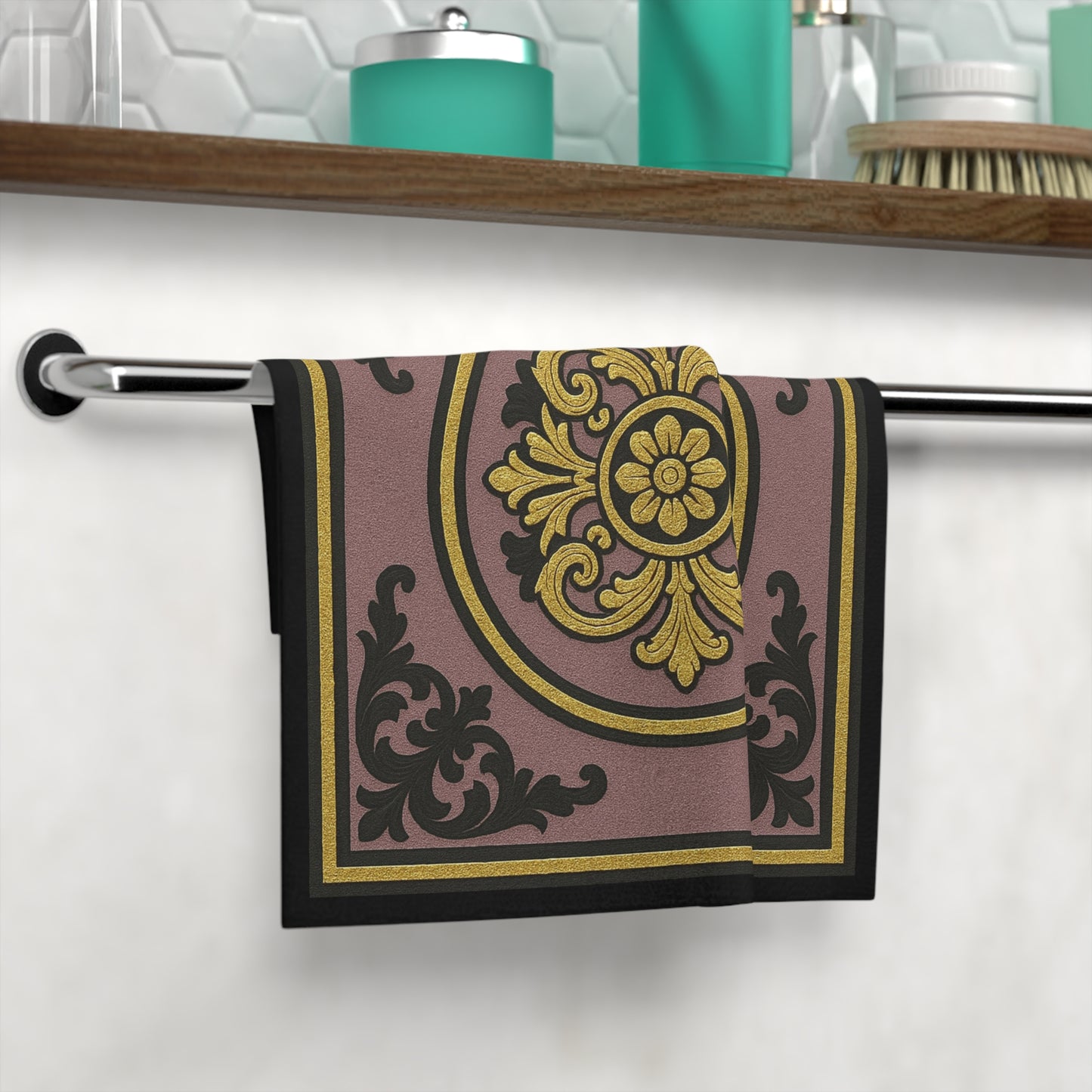 Elegant Gilded Mauve With Gold-Black Baroque Decorative Face Towel, Luxury Towel, Bathroom Decor, Gift for Her, Spa Essential, Home Accents