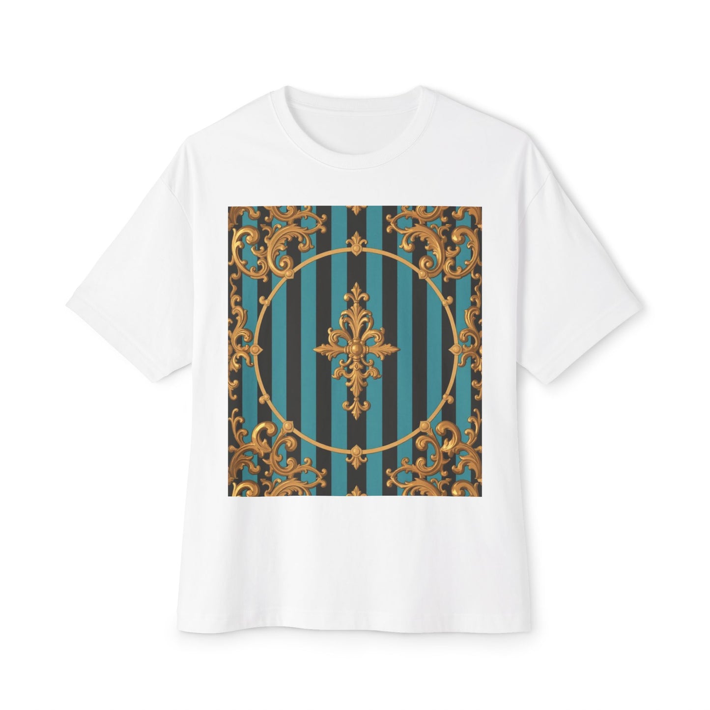 Stylish Turquoise & Black Striped Gold Baroque Unisex Oversized Boxy Tee, Retro Graphic Shirt, Casual Wear, Trendy Fashion, Unique Gift Idea