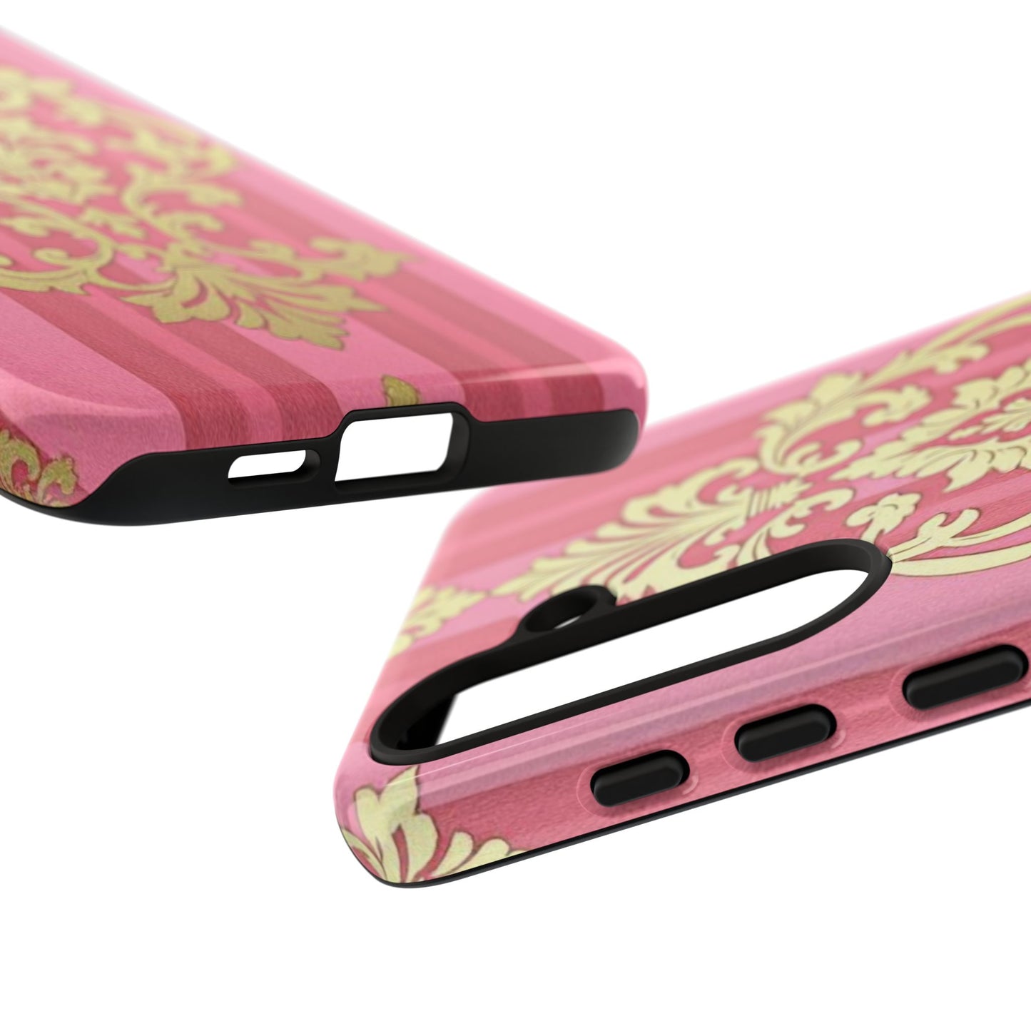 Elegant Floral Motif Phone Case - Tough Cases with Vintage Design - Pink Striped Damask