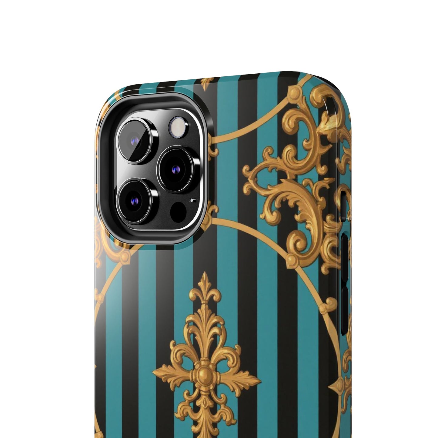 Elegant Turquoise & Black Striped Gold Baroque Phone Case, Tough Phone Cases for Fashion Lovers, Gift for Her, Luxury Accessories