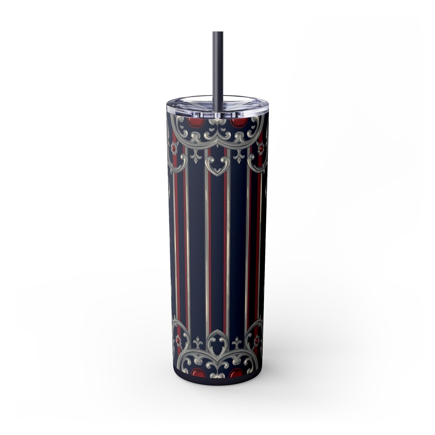 Elegant Patterned Skinny Tumbler with Straw, 20oz - Stylish Travel Mug, Personalized Gift, Wedding Favor - Blue & Red Striped Silver Baroque