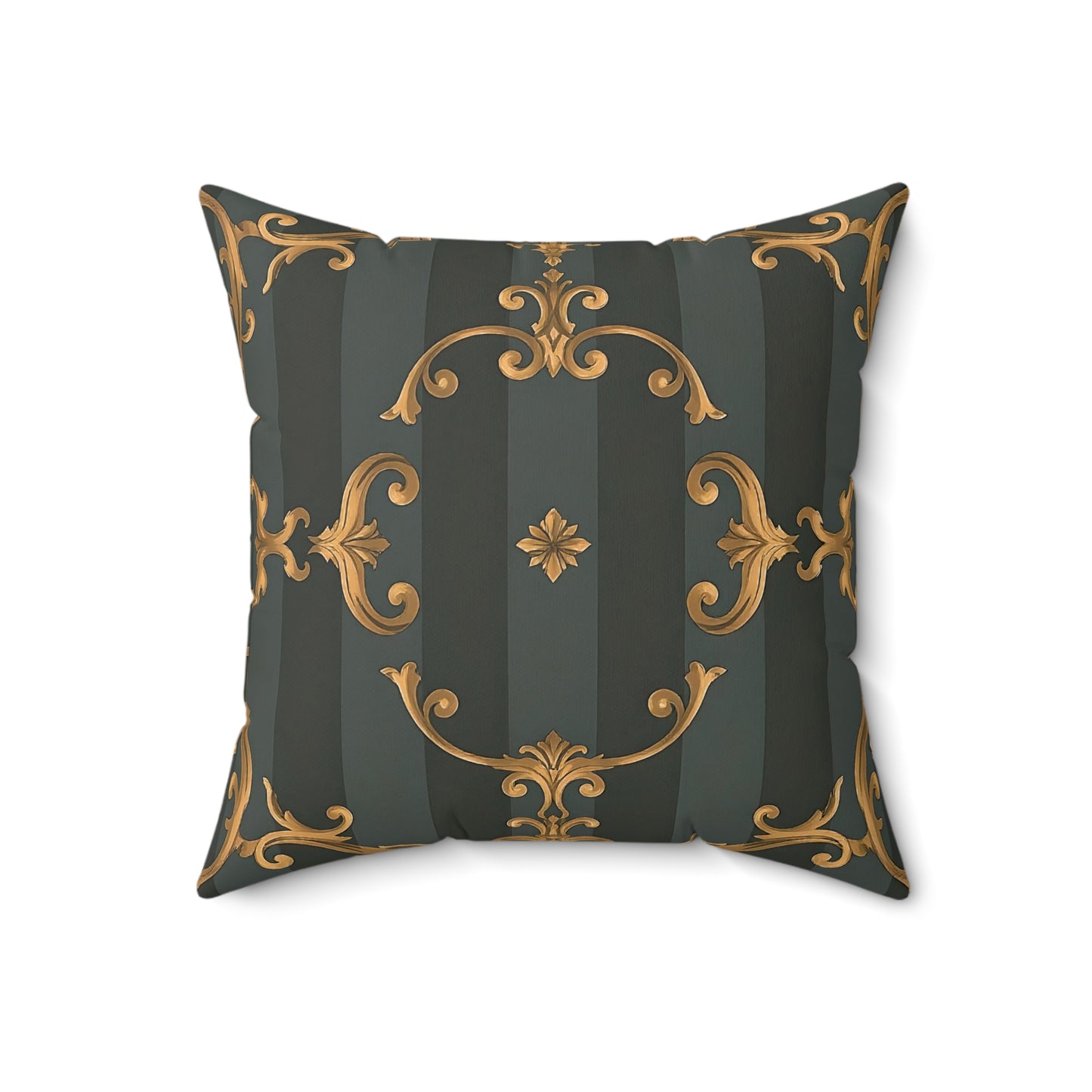 Elegant Faux Suede Square Pillow with Gold Accents - Gray Striped Baroque