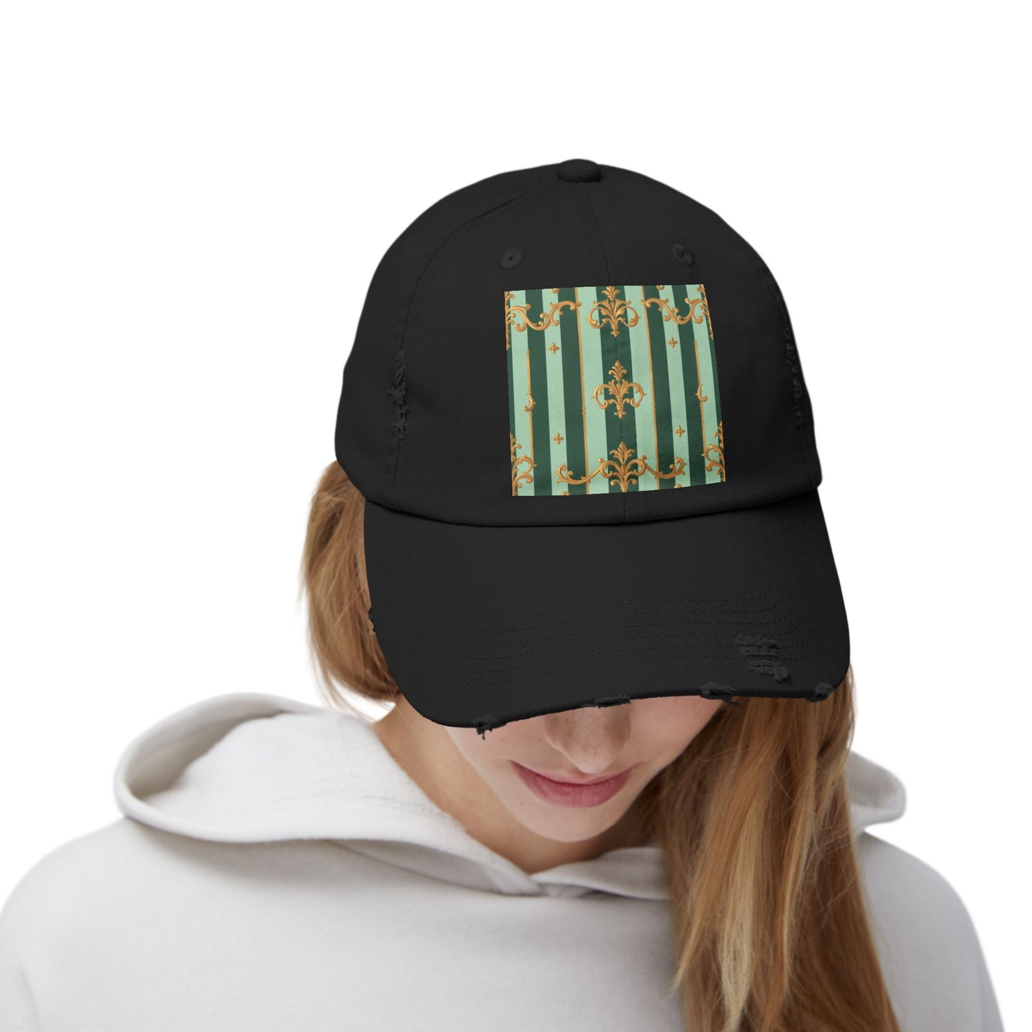 Vintage Chic Unisex Distressed Cap - Fashion Hat, Casual Headwear, Trendy Accessory, Gift for Him/Her - Mint Green & Teal Striped Gold Baroque