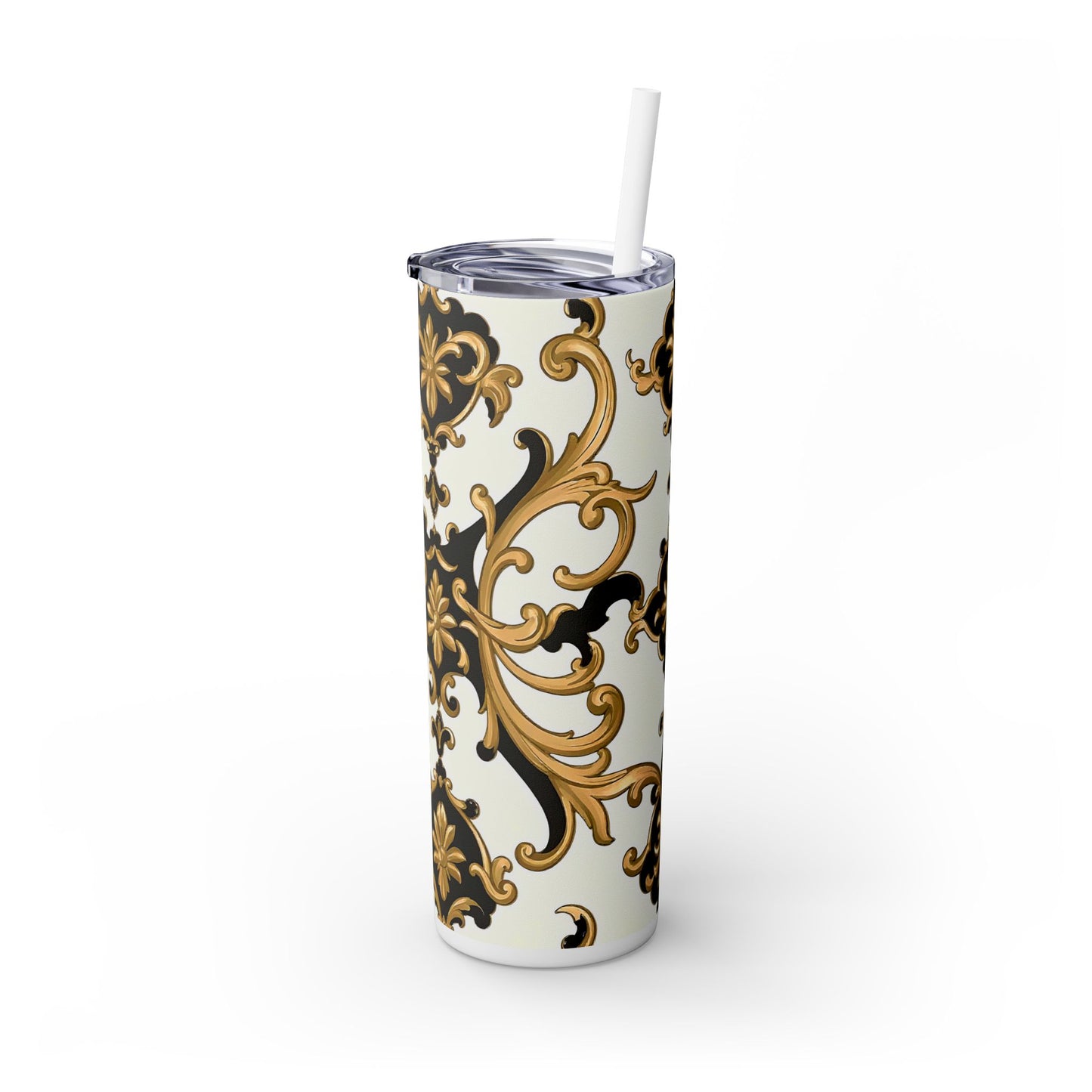 Elegant Gold Floral Skinny Tumbler, 20oz | Insulated Cup for Hot & Cold Drinks, Travel Mug, Gift for Mom, Stylish Drinkware - Black & Gold Rococo