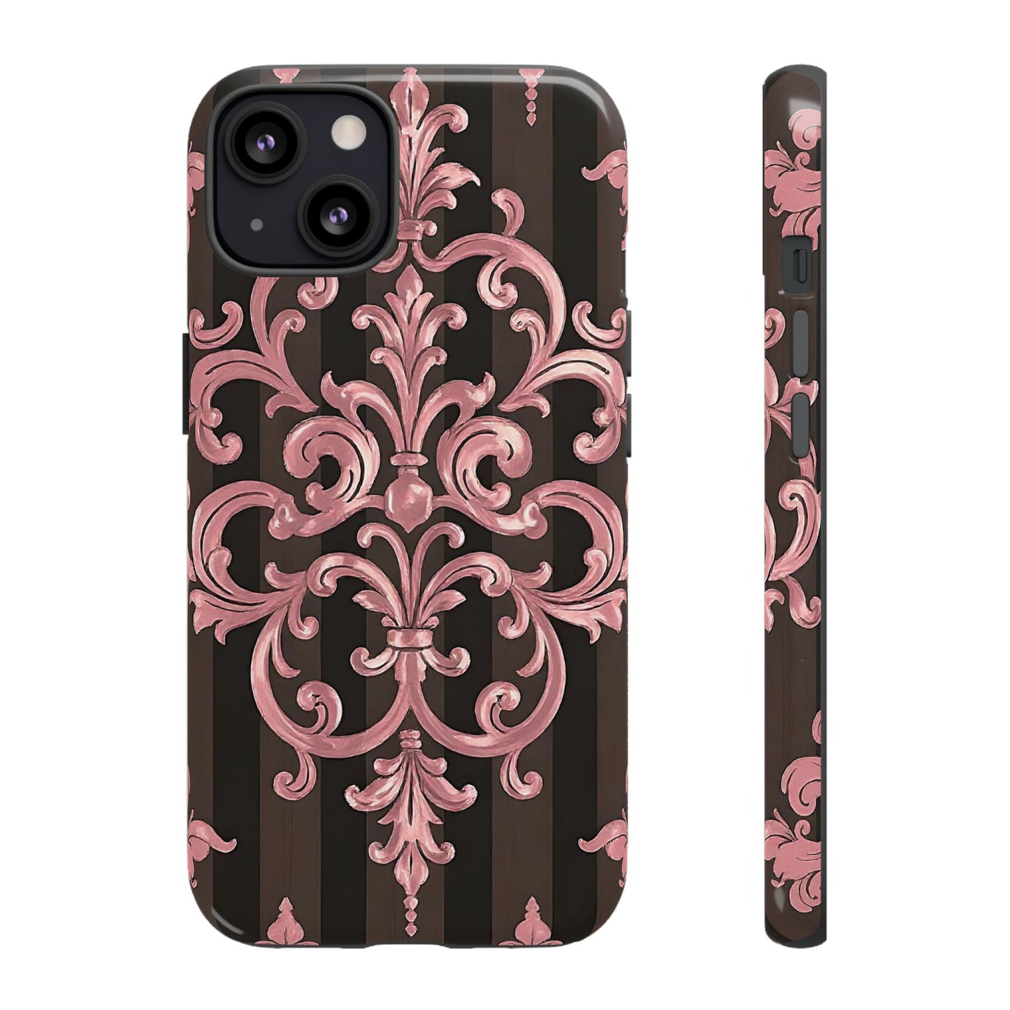 Elegant Floral Motif Phone Case - Tough Cases with Vintage Design - Brown Striped Mauve Damask