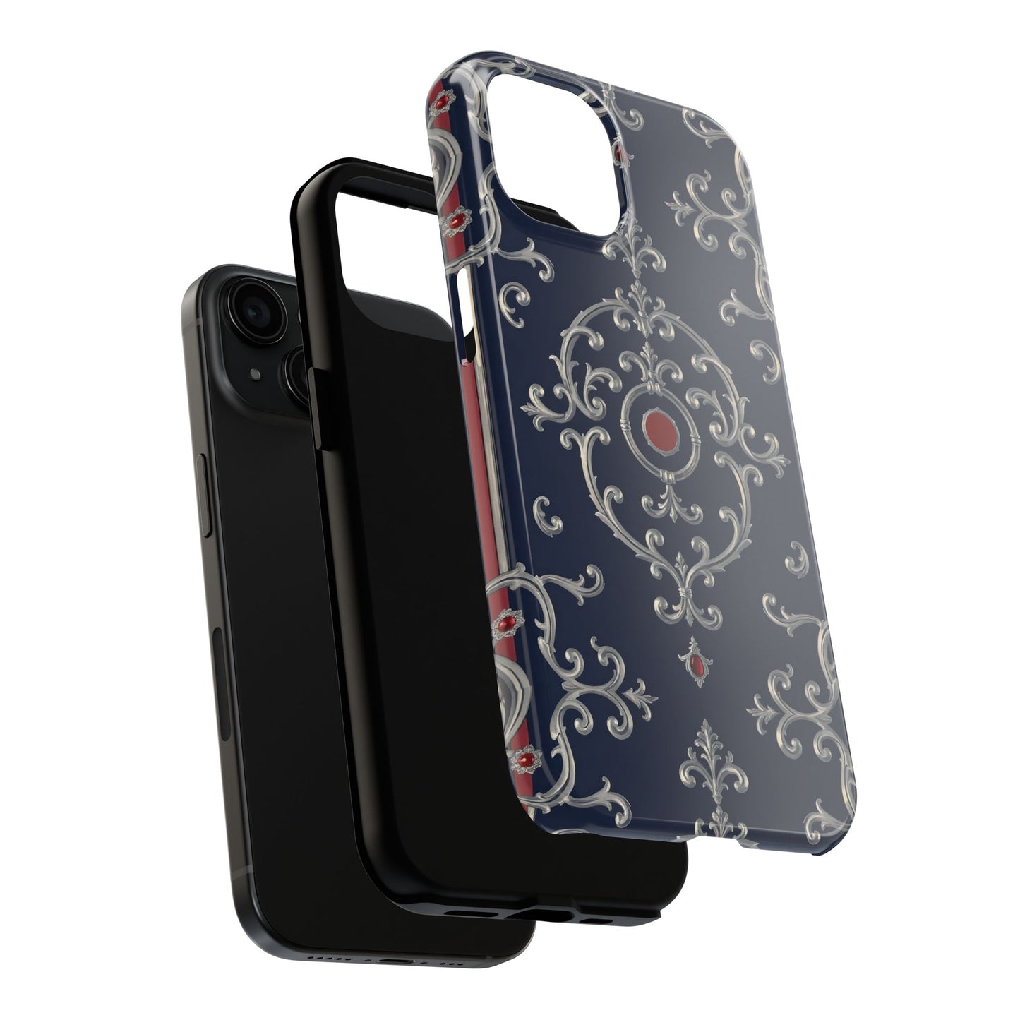 Elegant Patterned Tough Phone Cases for Stylish Protection, Gift for Her, Unique Accessories - Blue & Red Striped Silver Baroque