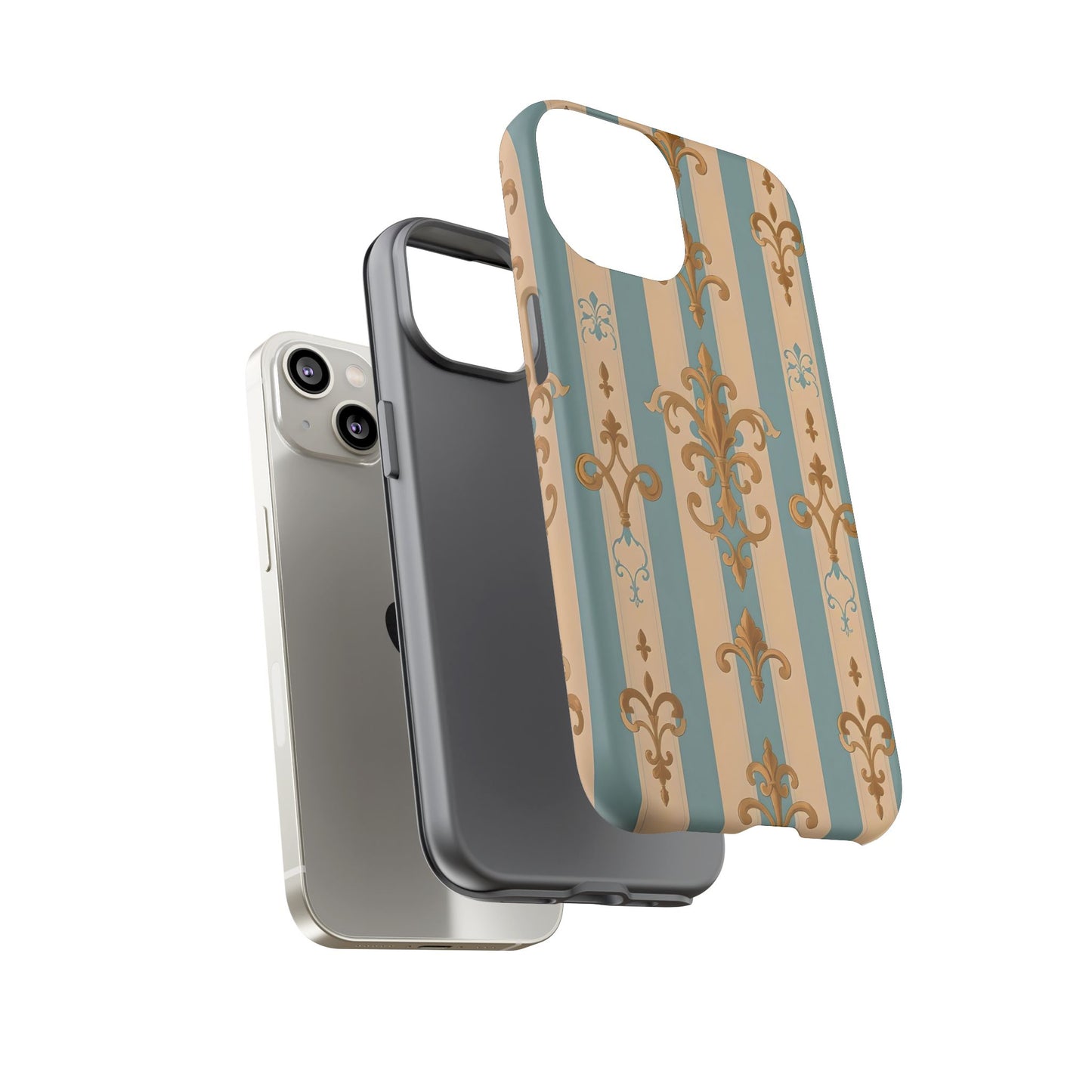 Elegant Floral Motif Phone Case - Tough Cases with Vintage Design -  Beige & Sky Blue Striped Gold Damask