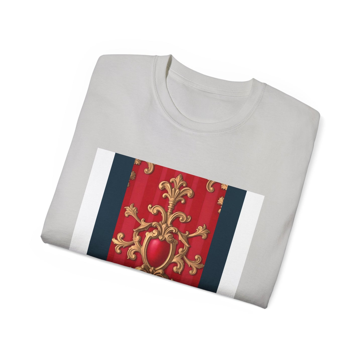 Regal Red Baroque T-Shirt, Artistic Tee, Gift for Art Lovers, Fashionable Statement Shirt, Unique Graphic Top - Blue, Red & White Striped Baroque