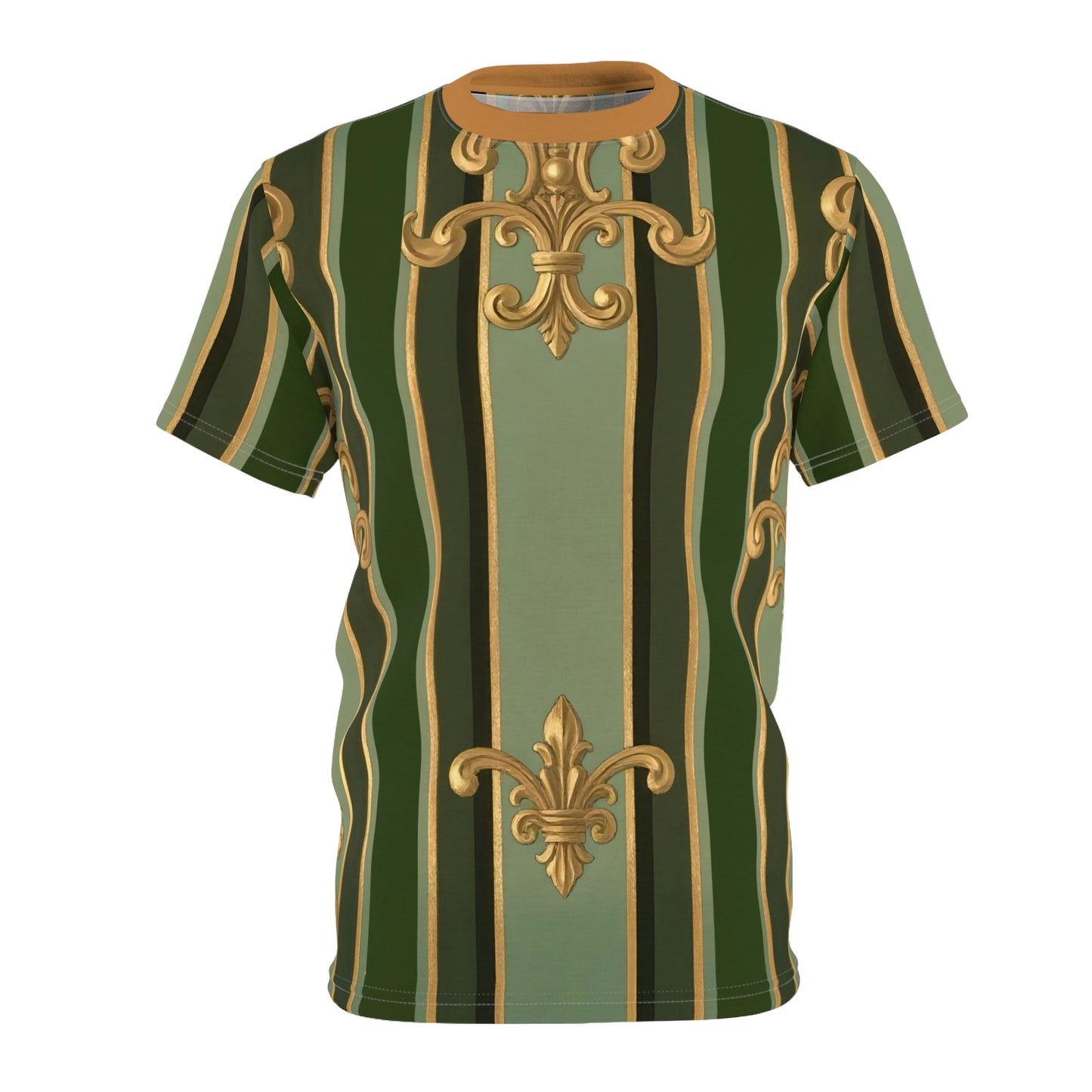 Elegant Striped Unisex Tee, Chic Casual Wear, Stylish Everyday Outfit, Unique Gift for Fashion Lovers - Green Striped Gold Baroque
