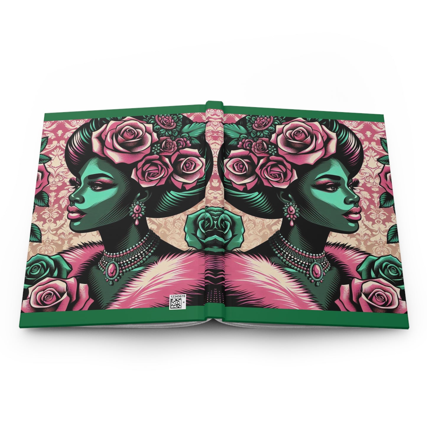 Elegant Floral Hardcover Journal - Stylish Writing Notebook - Emerald Green Lady With Roses & Damask Design