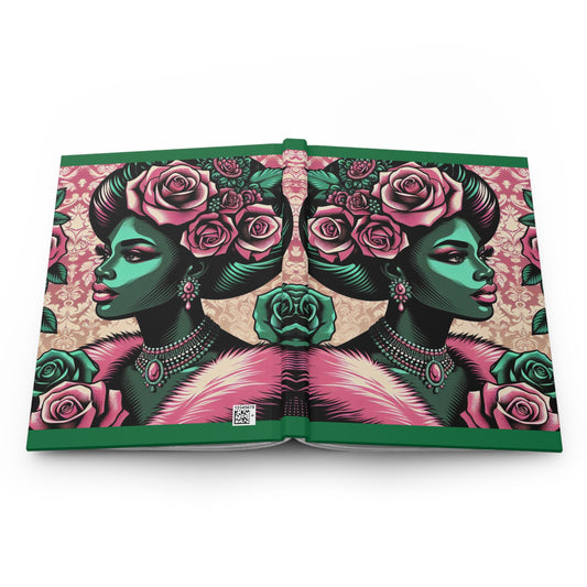 Elegant Floral Hardcover Journal - Stylish Writing Notebook - Emerald Green Lady With Roses & Damask Design