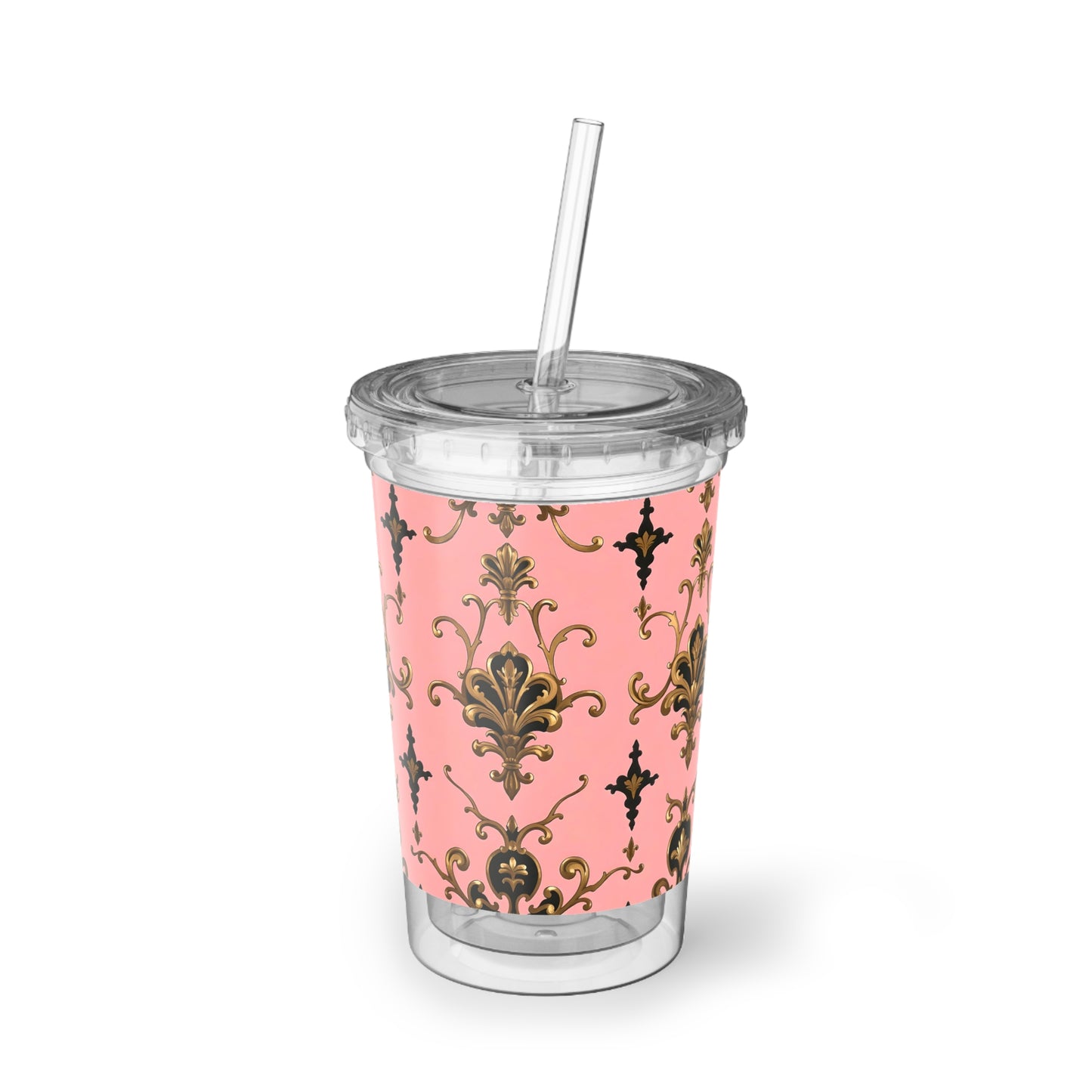 Chic Travel Cup, Elegant Plastic Tumbler for Coffee or Water, Party Favors, Gift for Friends - Pink, Black & Gold Rococo